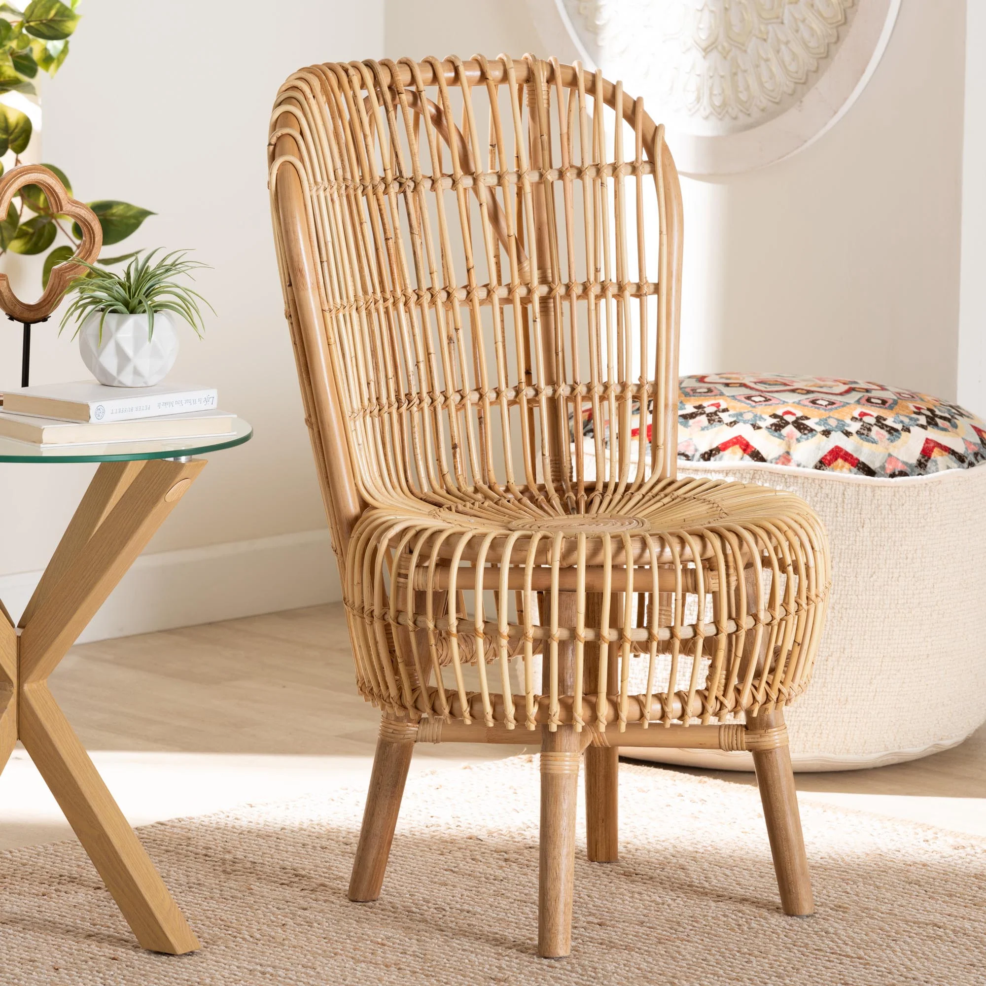 Baxton Studio bali & pari Nagoya Modern Bohemian Natural Rattan Tall Lounge Chair