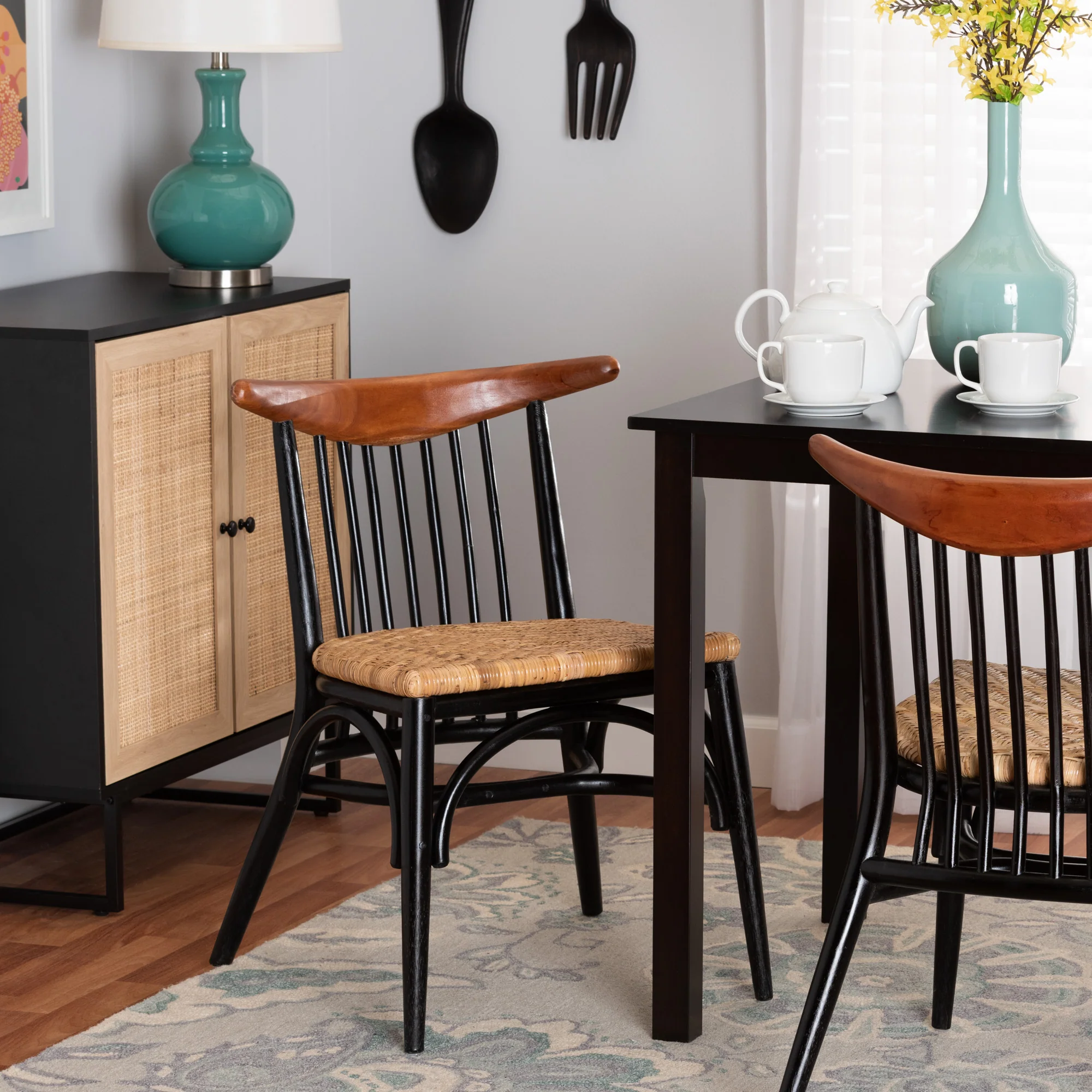 Baxton Studio bali & pari Parthenia Mid-Century Modern Two-Tone Black and Walnut Brown Finished Mahogany Wood and Natural Rattan Dining Chair