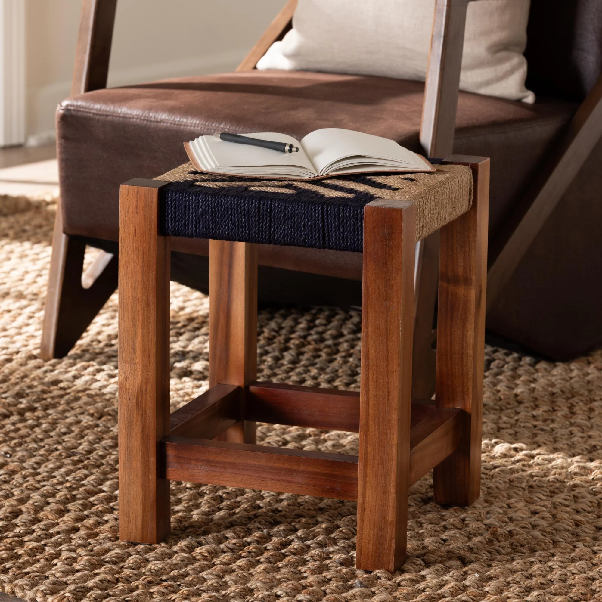 Baxton Studio bali & pari Prunella Modern Bohemian Two-Tone Navy Blue and Natural Brown Seagrass and Acacia Wood Footstool