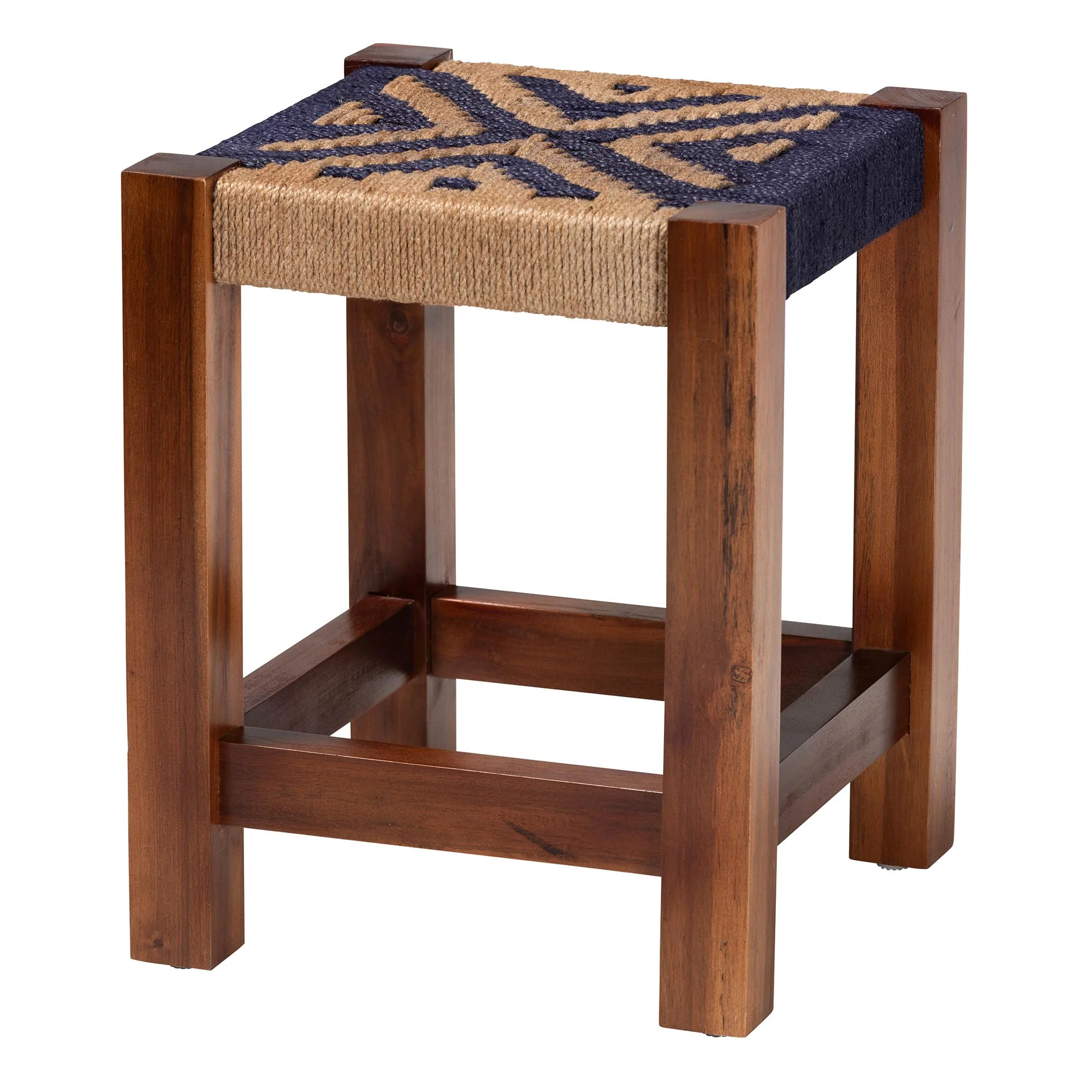 Baxton Studio bali & pari Prunella Modern Bohemian Two-Tone Navy Blue and Natural Brown Seagrass and Acacia Wood Footstool - Image 2