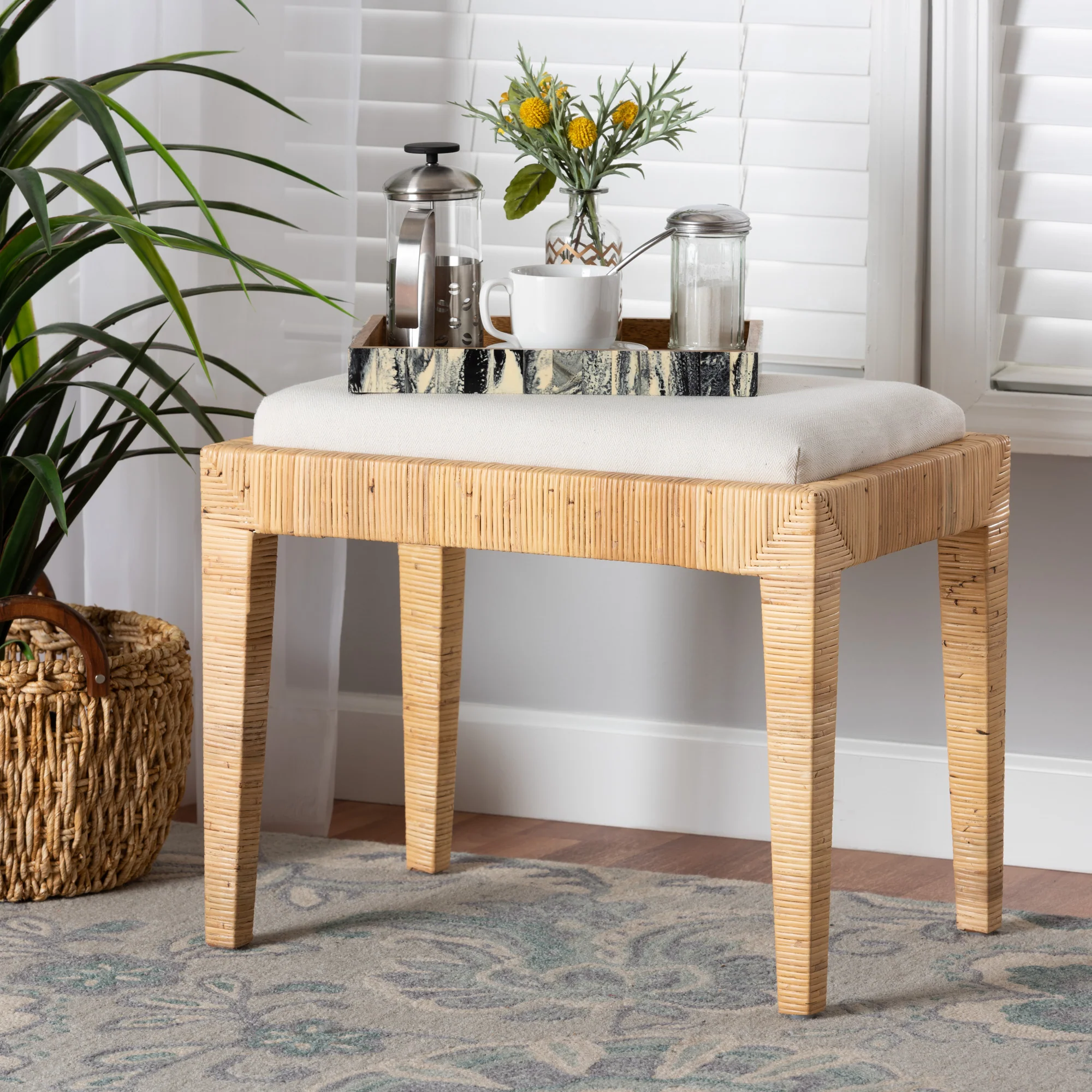 Baxton Studio bali & pari Sofia Modern Bohemian Natural Brown Rattan and Mahogany Wood Ottoman