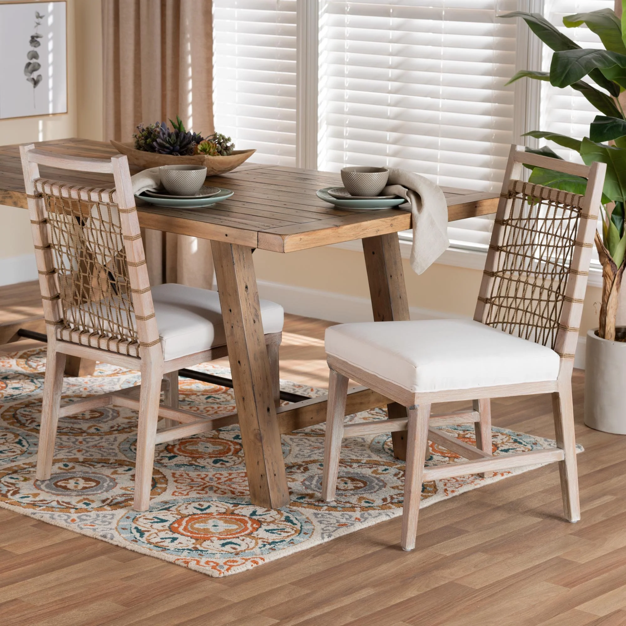 Baxton Studio bali & pari Ulric Modern Bohemian White Washed Mahogany Wood Dining Chair