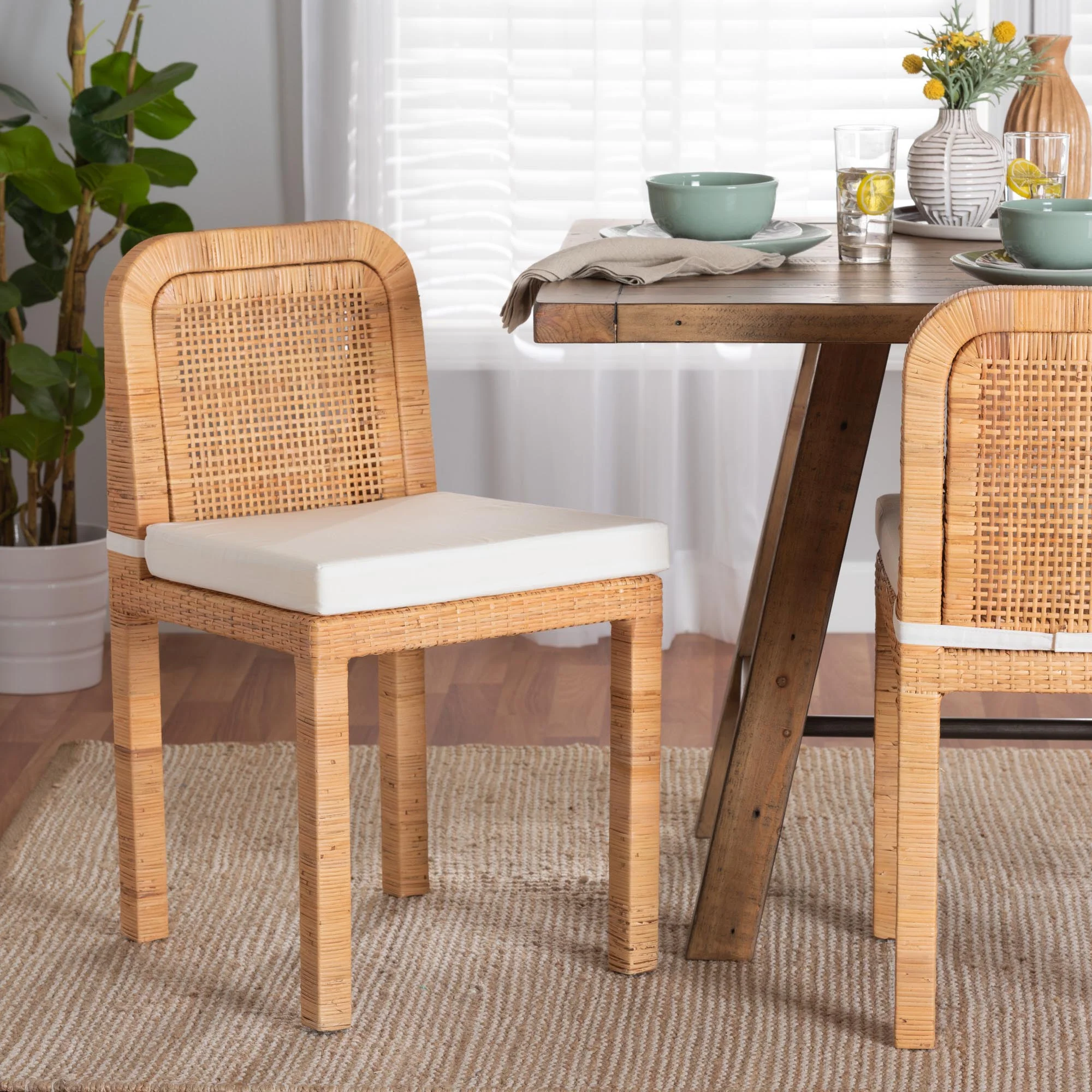 Baxton Studio bali & pari Zariah Modern Bohemian Natural Brown Rattan and Mahogany Wood 2-Piece Dining Chair Set