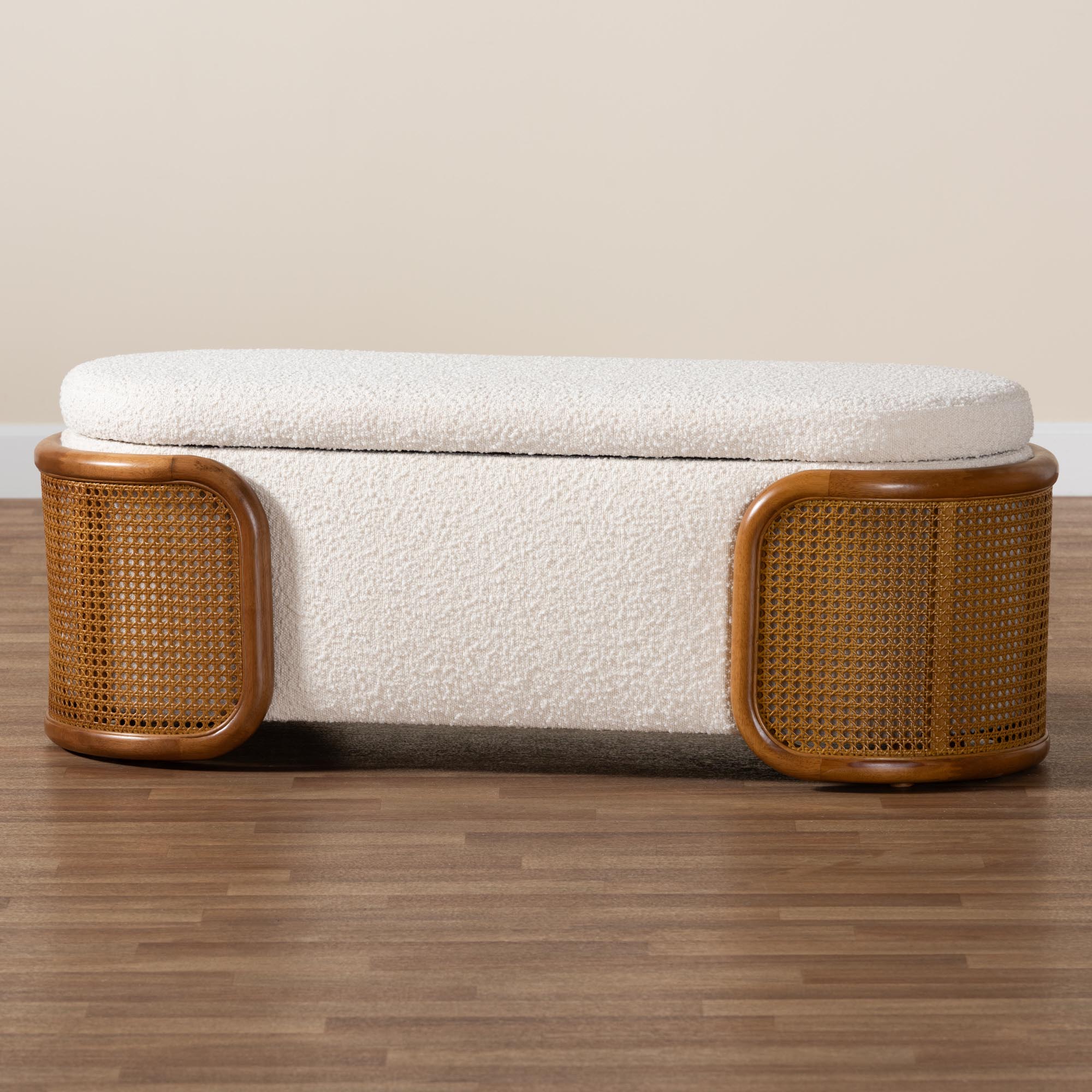 Baxton Studio Basira Japandi Cream Boucle Fabric Storage Bench with Woven Rattan - Image 3
