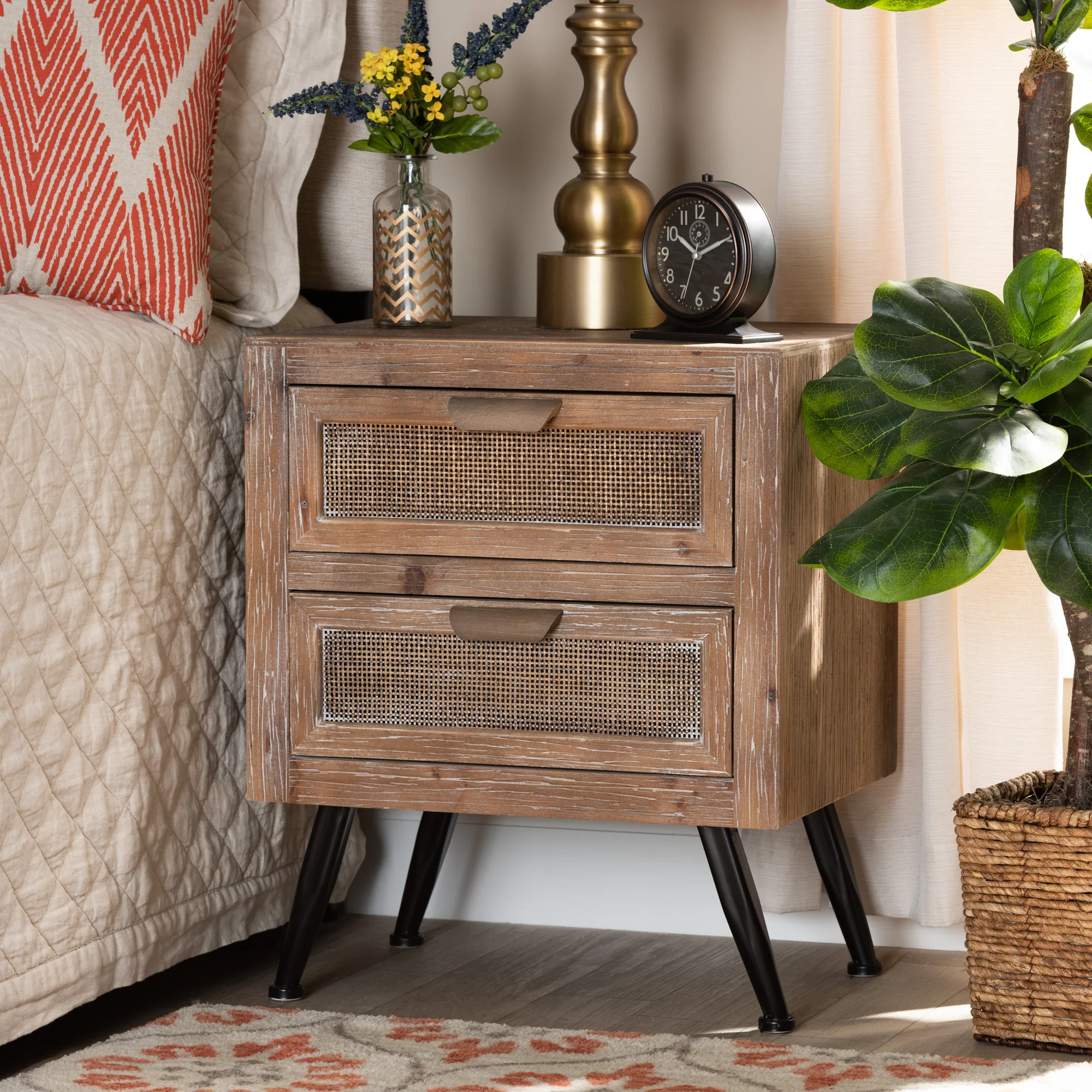 Baxton Studio Calida Mid-Century Modern Whitewashed Natural Brown Finished Wood and Rattan 2-Drawer End Table