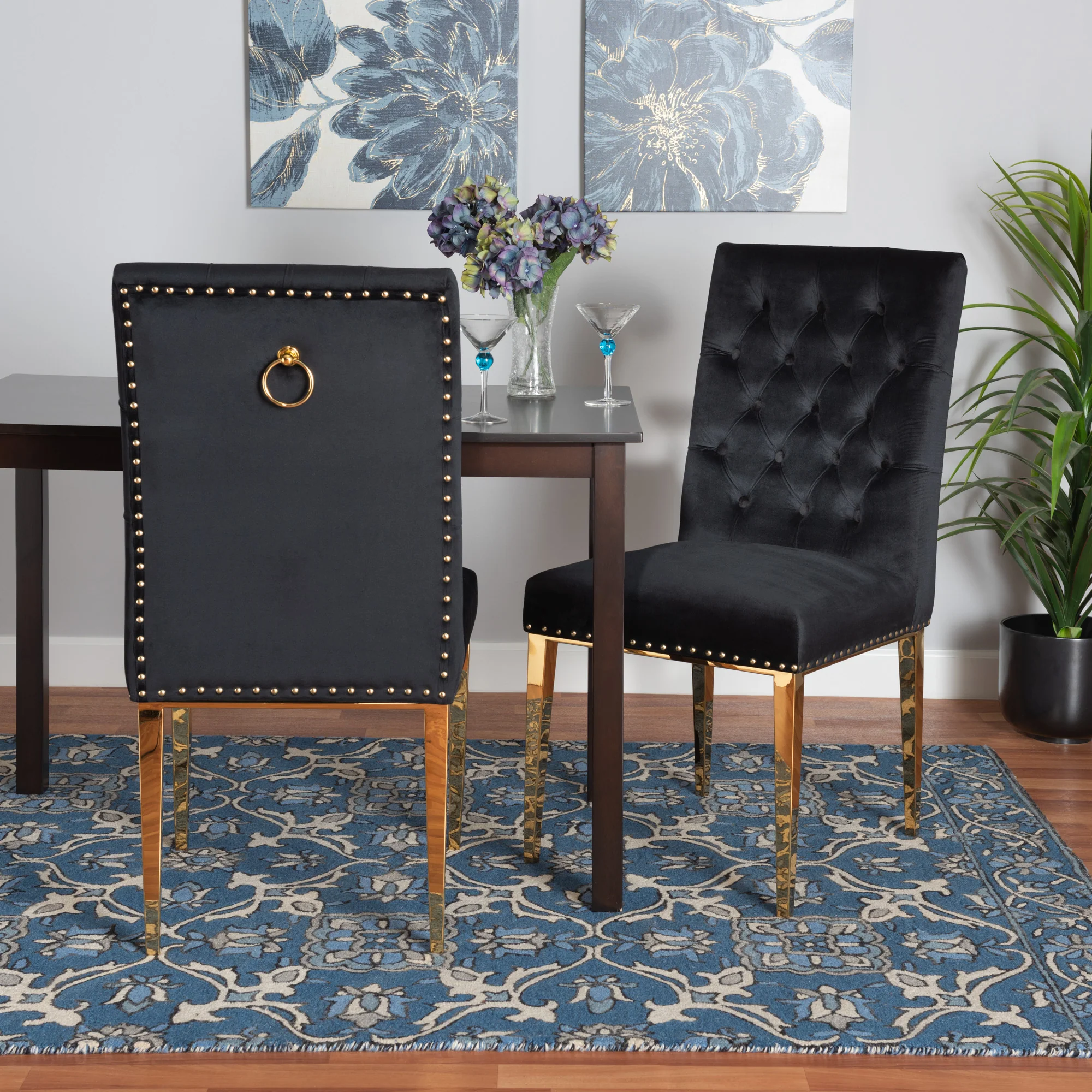Baxton Studio Caspera Contemporary Glam and Luxe Black Velvet Fabric and Gold Metal 2-Piece Dining Chair Set