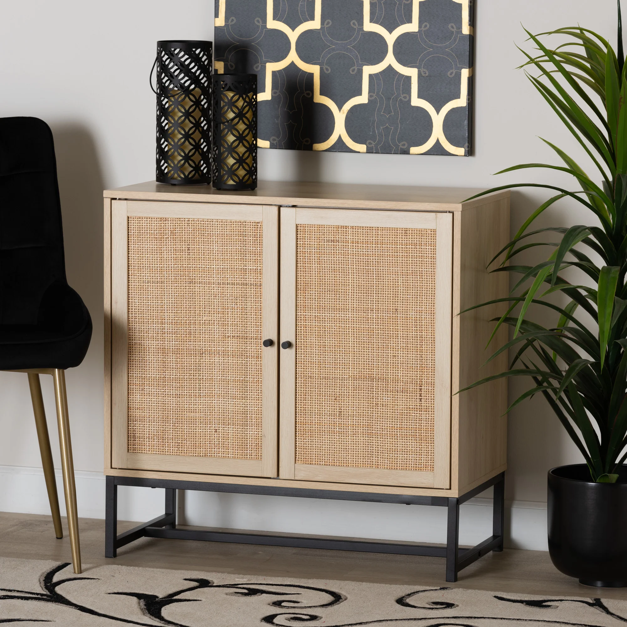 Baxton Studio Caterina Mid-Century Modern Transitional Natural Brown Finished Wood and Natural Rattan 2-Door Storage Cabinet