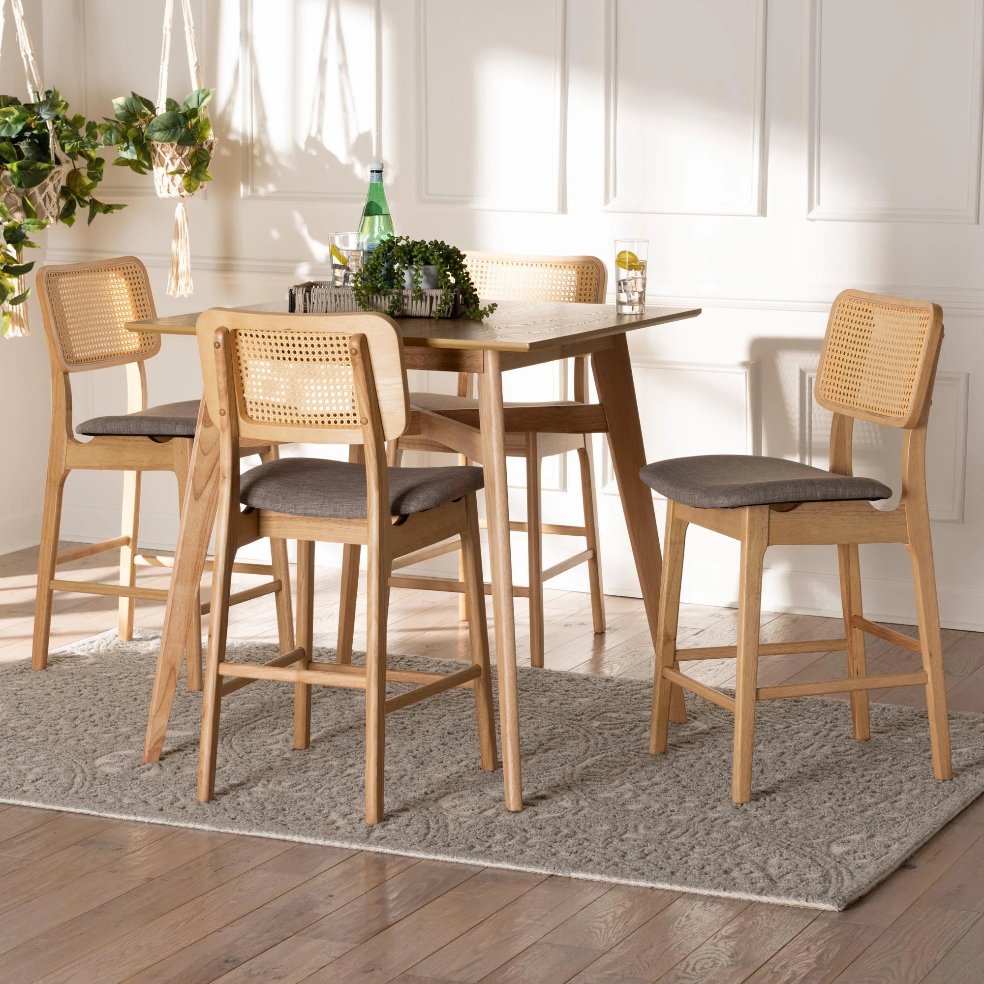 Baxton Studio Dannon Mid-Century Modern Grey Fabric and Natural Oak Finished Wood 5-Piece Pub Set