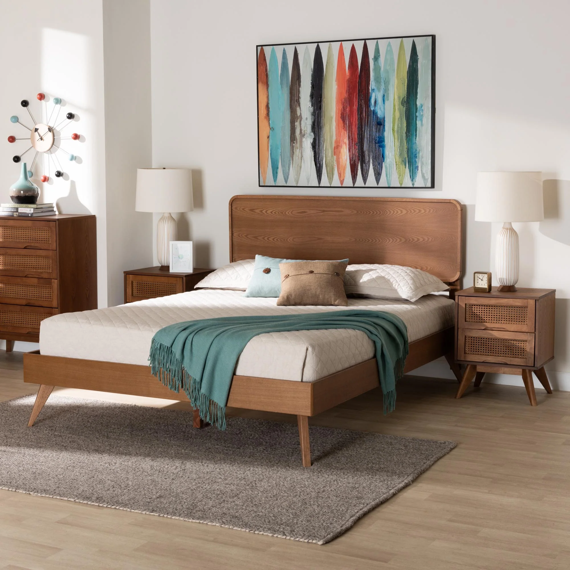 Baxton Studio Demeter Mid-Century Modern Walnut Brown Finished Wood Queen Size 3-Piece Bedroom Set