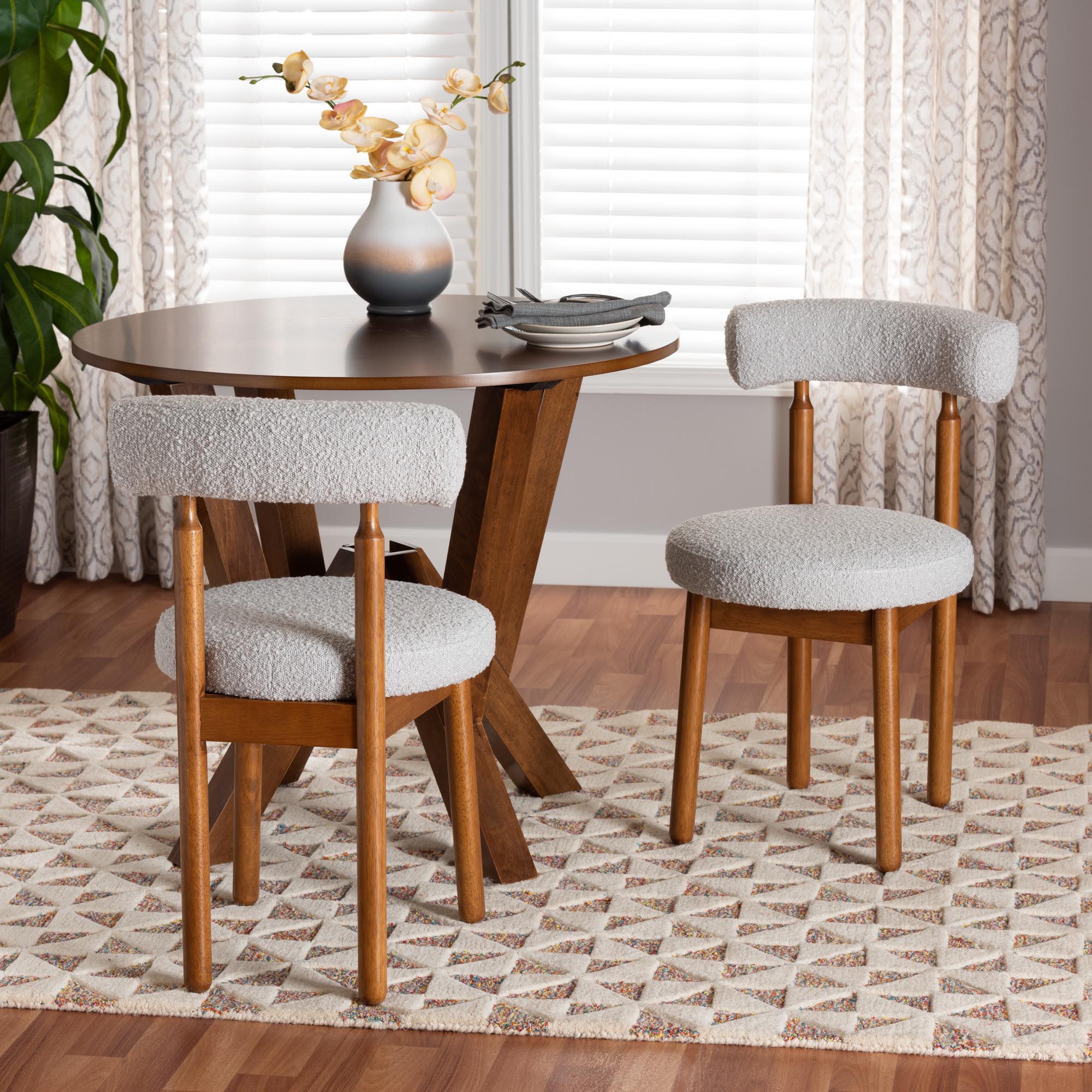 Baxton Studio Edric Modern Japandi Light Grey Boucle Fabric and Walnut Brown Finished Wood 2-Piece Dining Chair Set