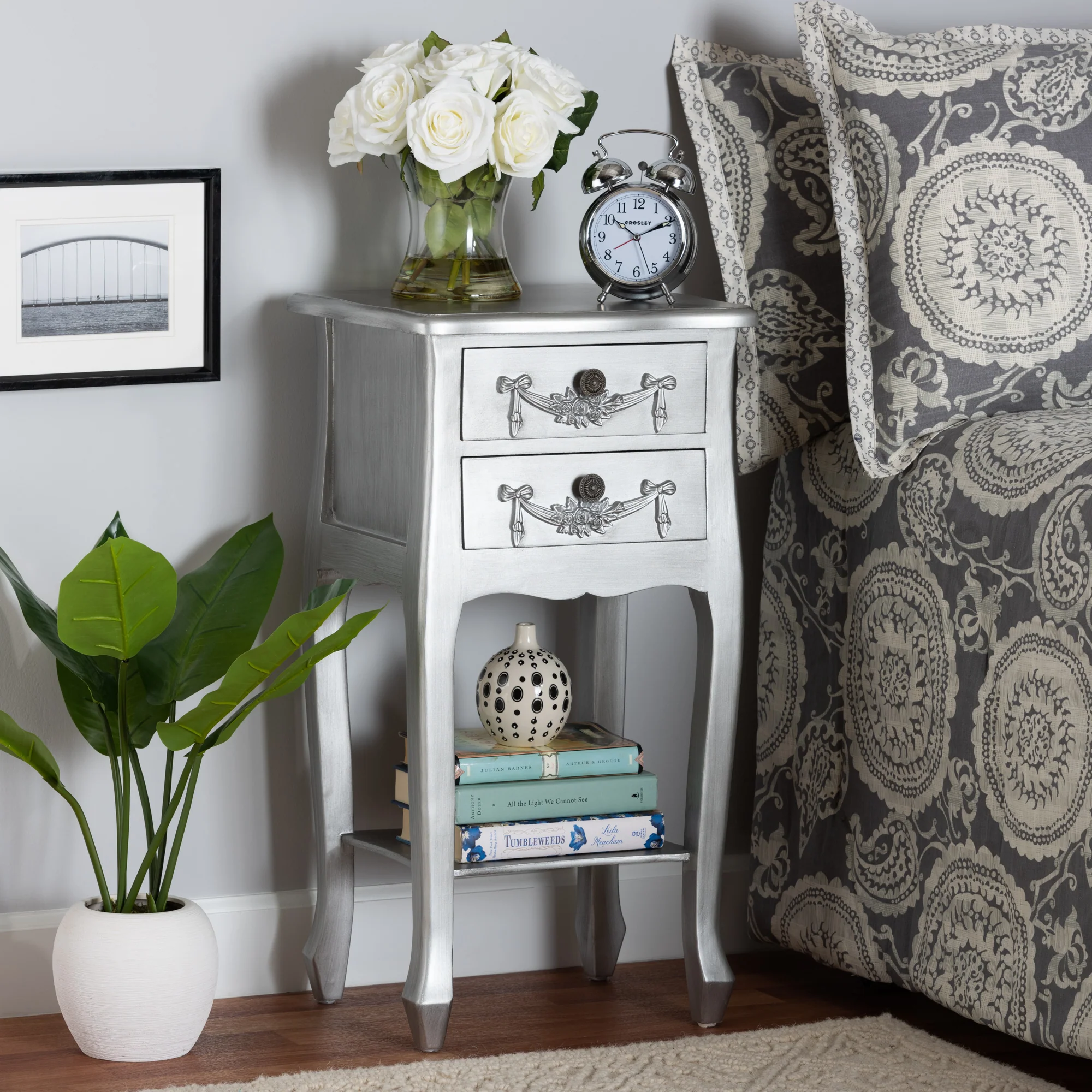 Baxton Studio Eliya Classic and Traditional Brushed Silver Finished Wood 2-Drawer End Table