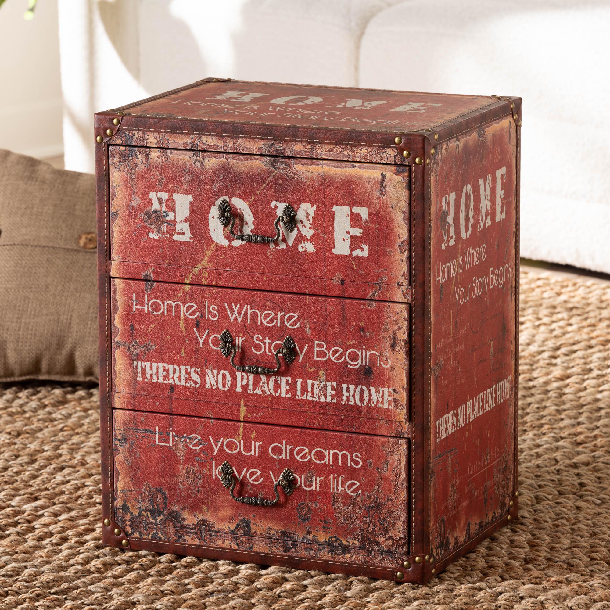 Baxton Studio Lorand Vintage Faux Leather and Wood 3-Drawer Storage Trunk
