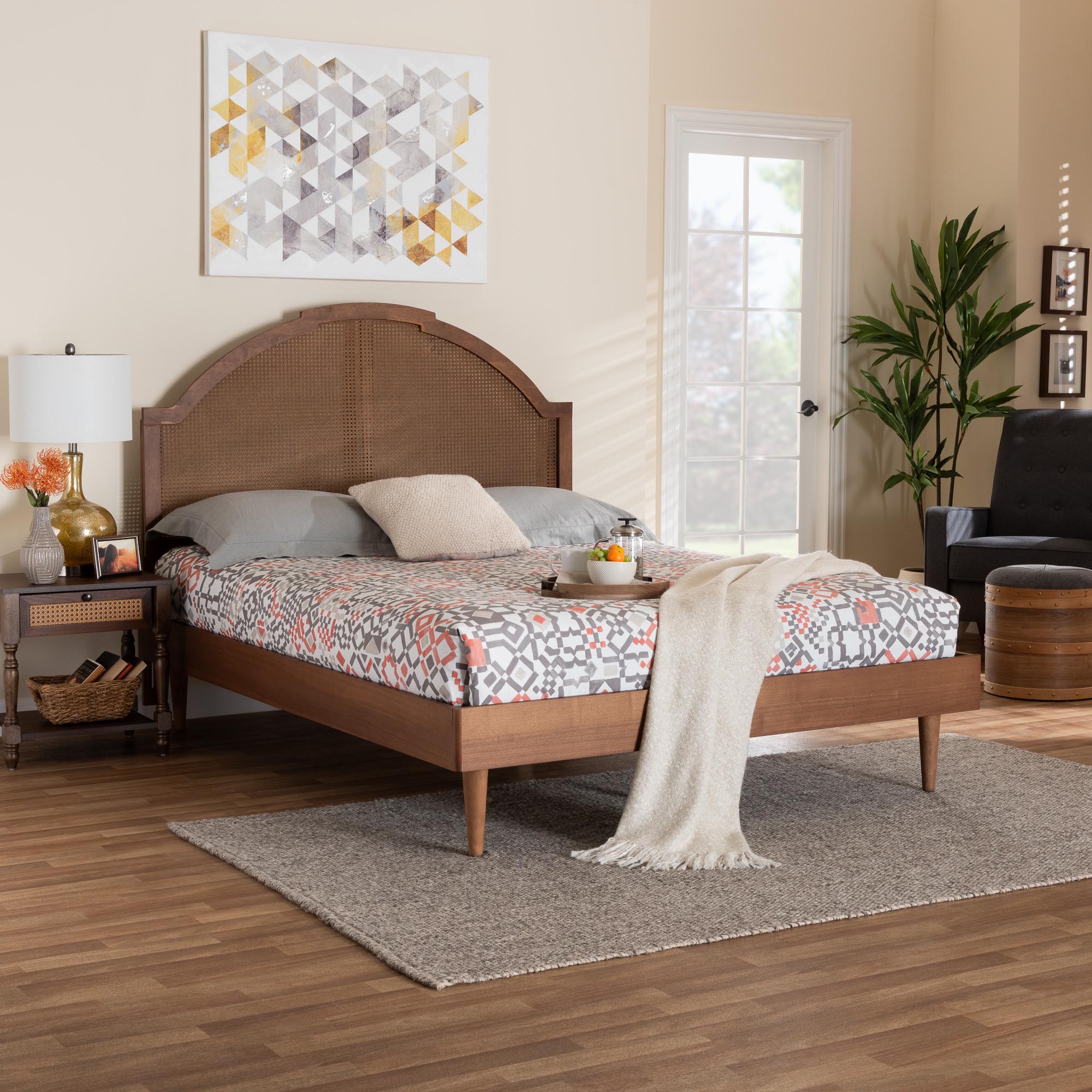 Baxton Studio Mendel Mid-Century Walnut Brown Wood and Rattan Queen Size Platform Bed