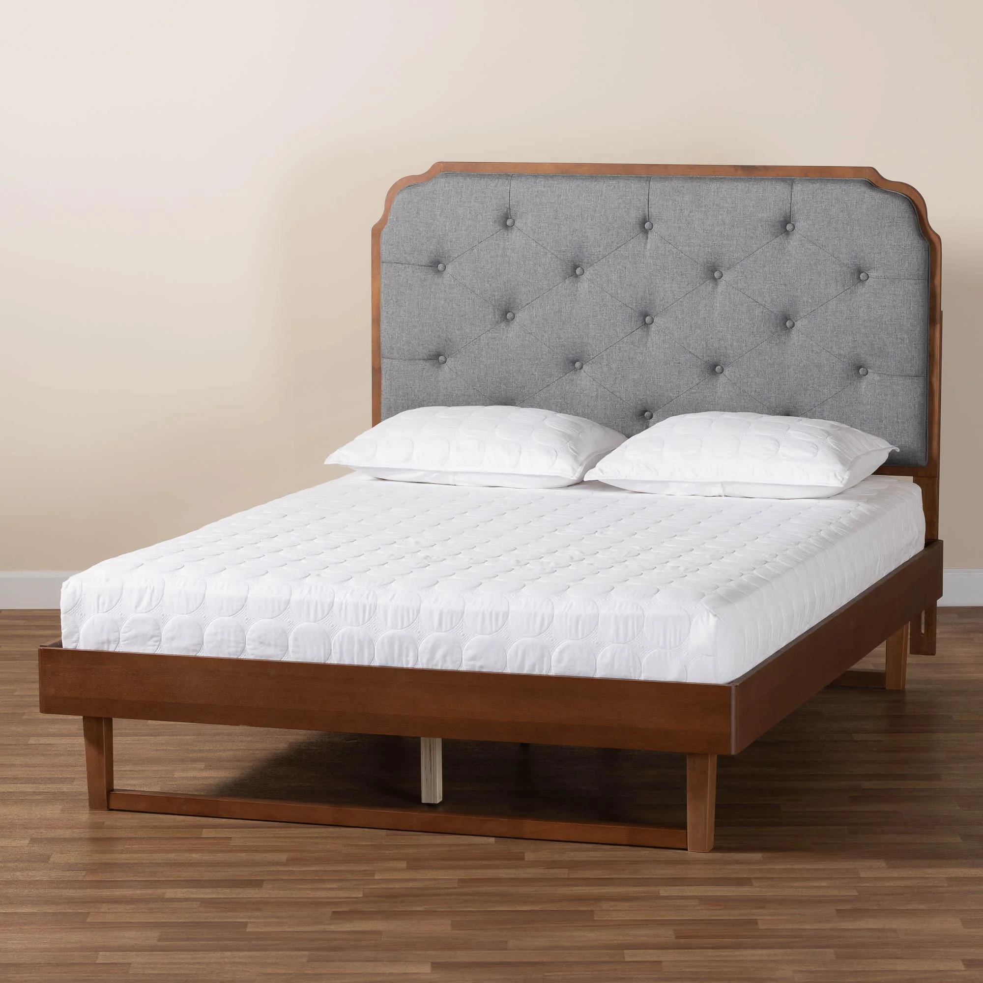 Baxton Studio Roald Mid-Century Modern Grey Fabric and Walnut Brown Wood King Size Platform Bed - Image 2