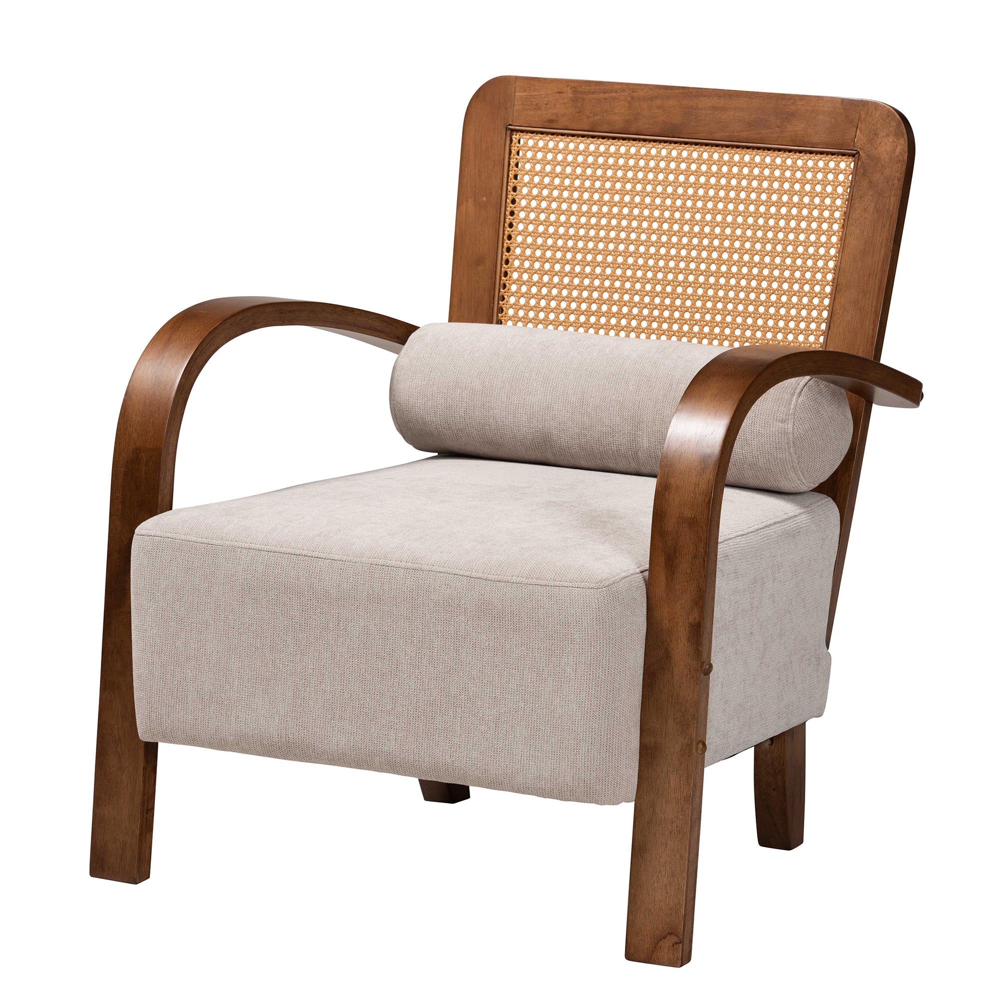 Baxton Studio Sage Modern Japandi Light Grey Fabric and Walnut Brown Finished Wood Arm Chair with Woven Rattan - Image 2