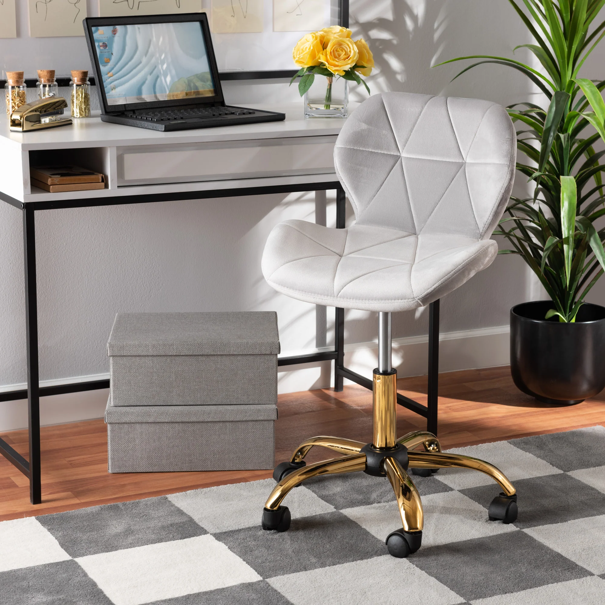 Baxton Studio Savara Contemporary Glam and Luxe Grey Velvet Fabric and Gold Metal Swivel Office Chair