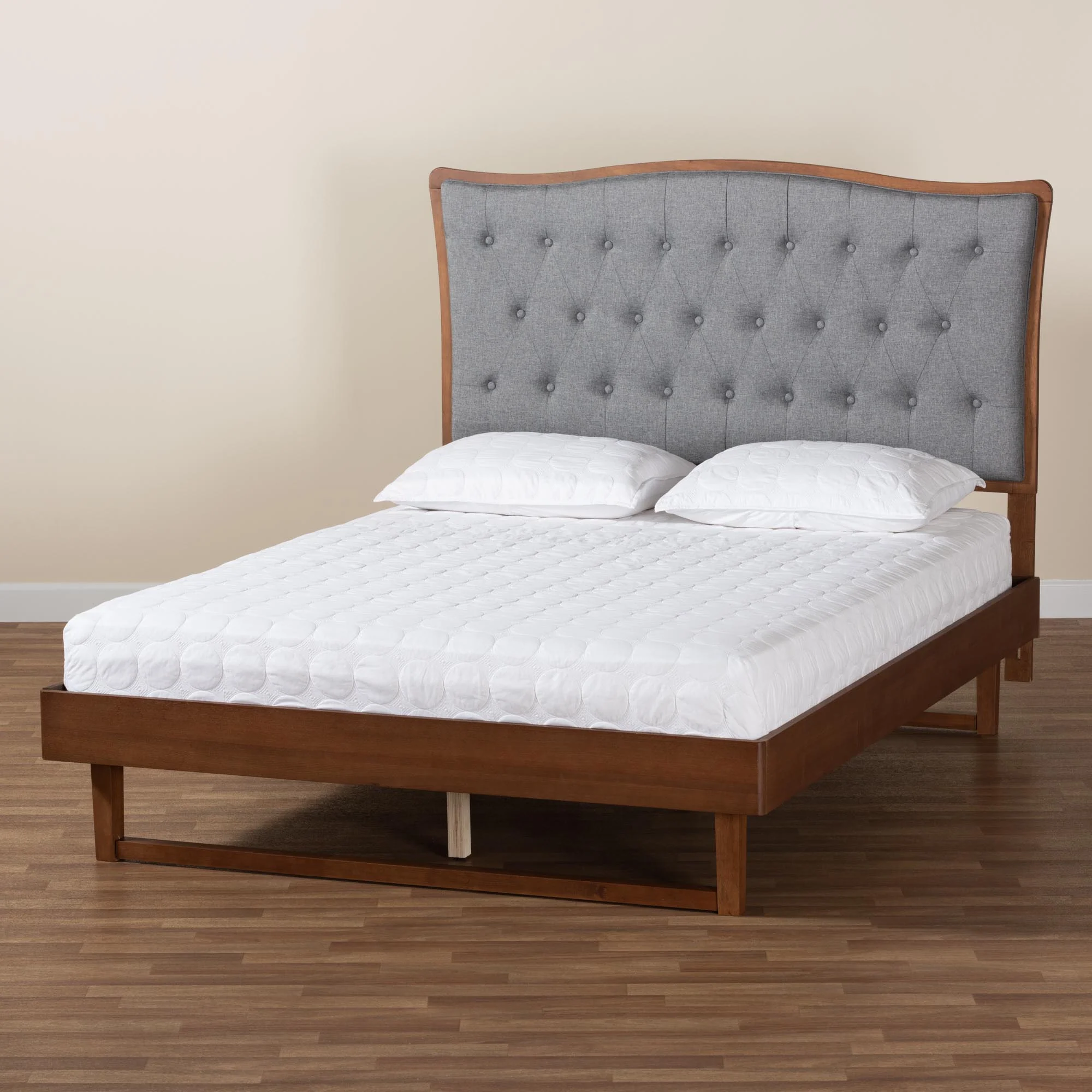 Baxton Studio Sereno Classic and Traditional Grey Fabric and Walnut Brown Finished Wood Queen Size Platform bed - Image 10