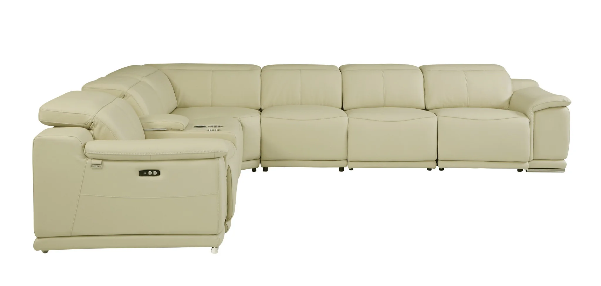 Beige Italian Leather Power Reclining U Shaped Seven Piece Corner Sectional With Console By Homeroots