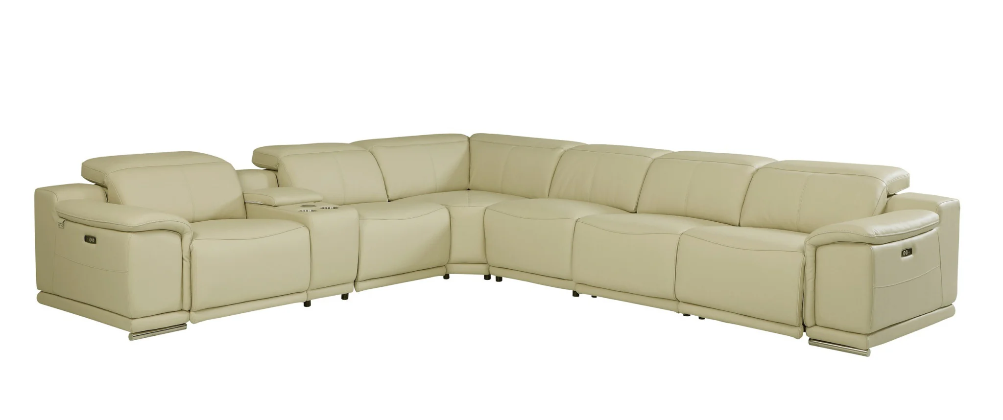 Beige Italian Leather Power Reclining U Shaped Seven Piece Corner Sectional With Console By Homeroots - Image 6