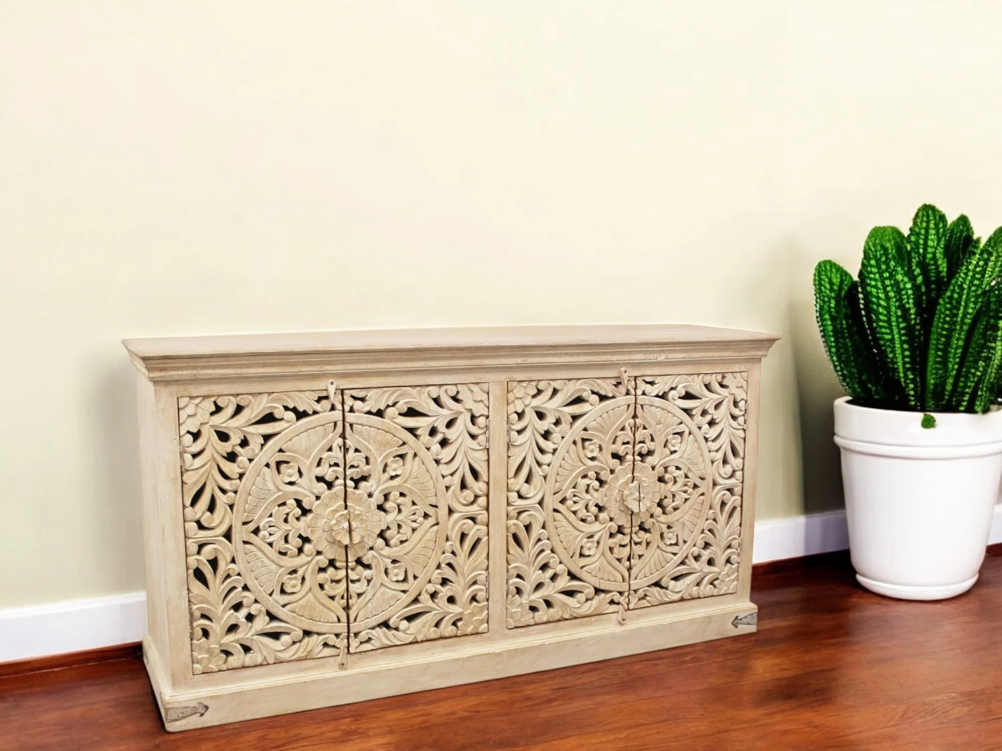 Beige Solid Wood Sideboard with Four Doors By Homeroots