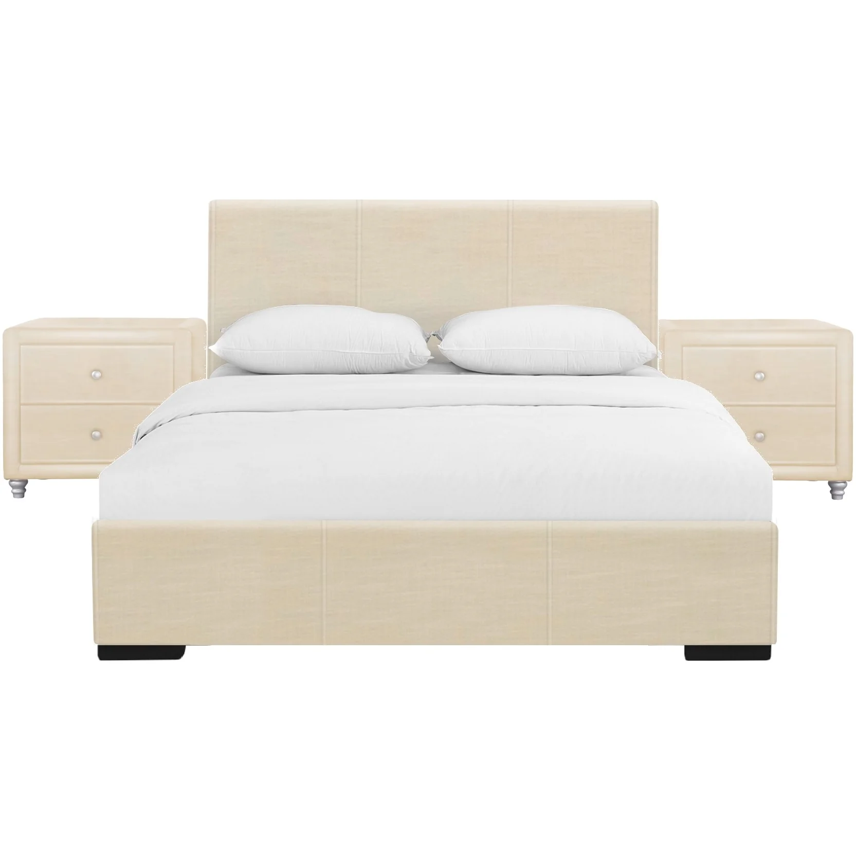 Beige Upholstered Platform Queen Bed With Two Nightstands By Homeroots - Image 3