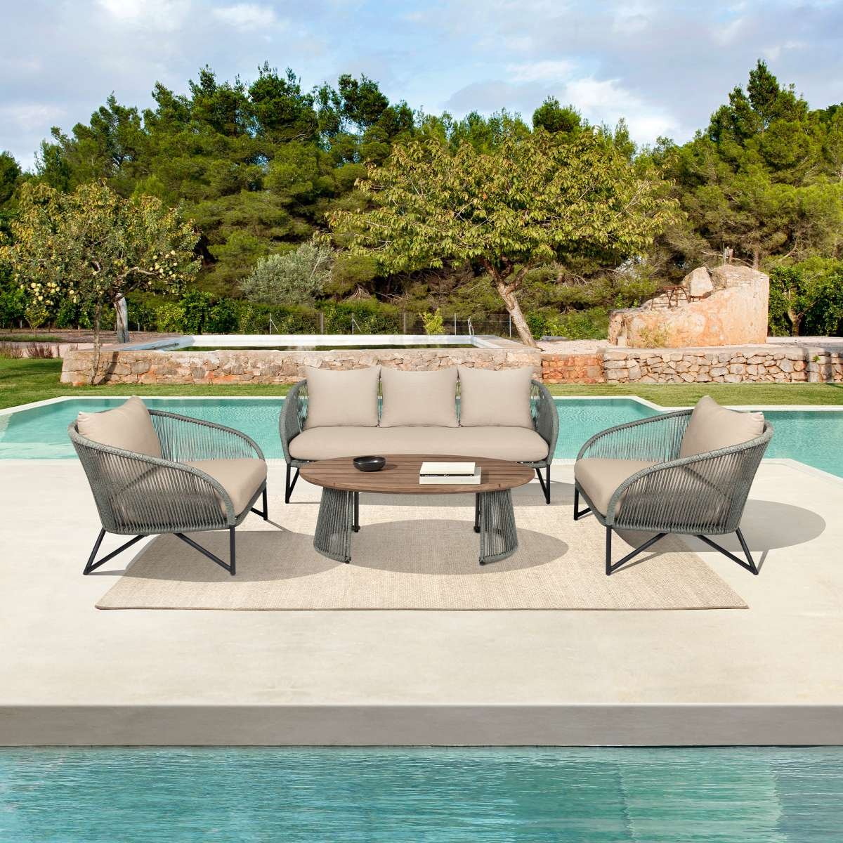 Benicia Outdoor Patio Sofa in Black Steel with Gray Rope and Taupe Olefin Cushions By Armen Living - Image 2