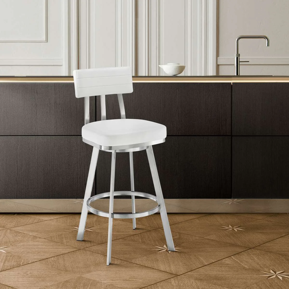 Benjamin 30" Swivel Bar Stool in Brushed Stainless Steel with White Faux Leather By Armen Living