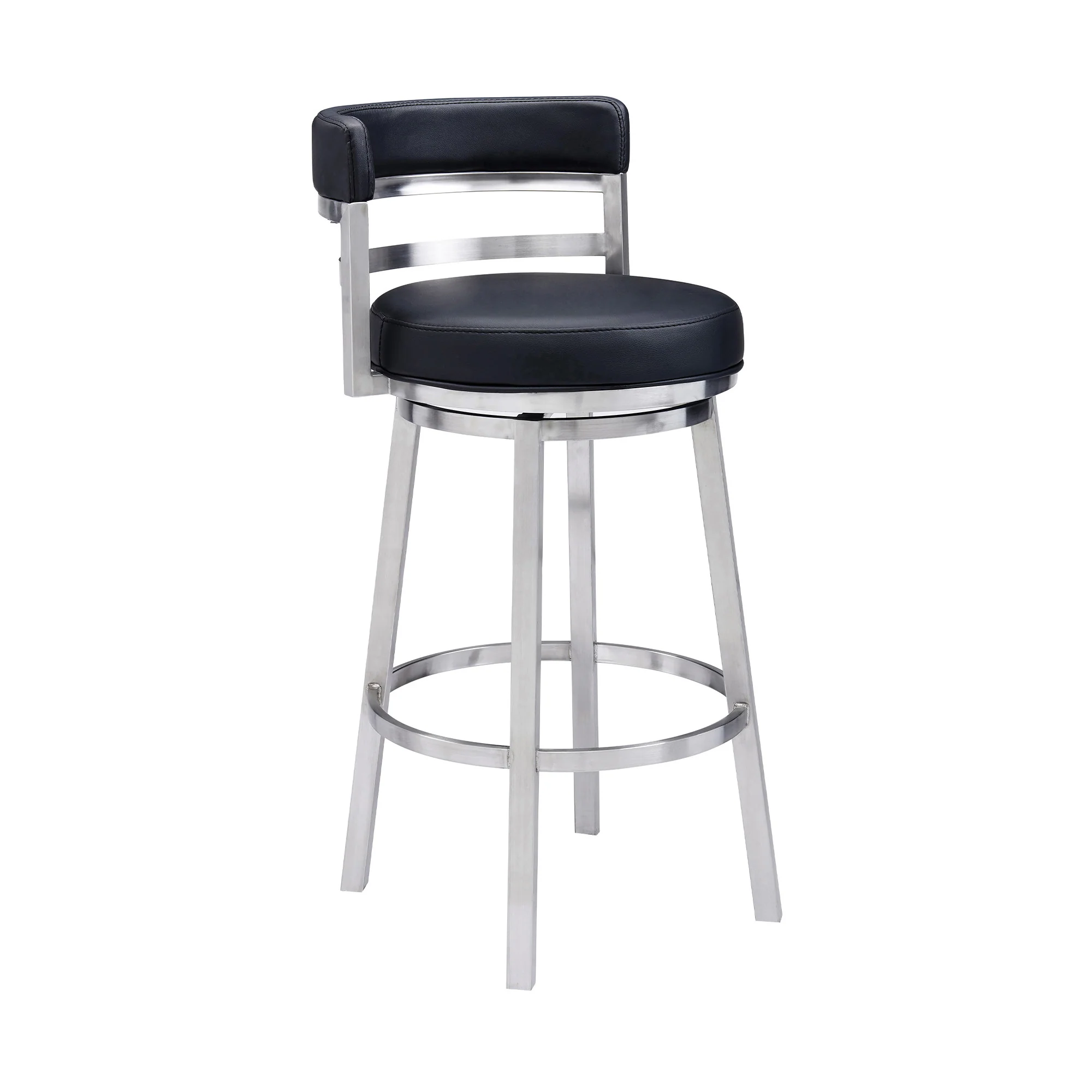Black And Silver Faux Leather And Iron Swivel Low Back Counter Height Bar Chair By Homeroots