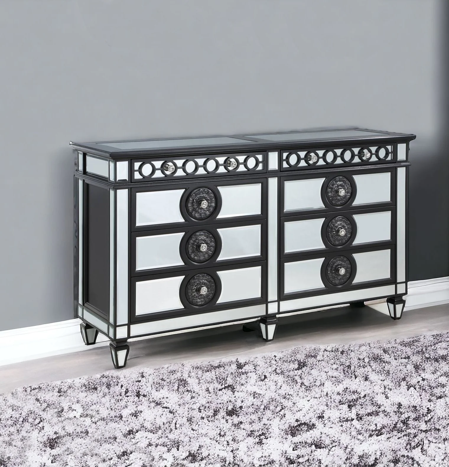 Black and Silver Solid and Manufactured Wood Mirrored Eight Drawer Double Dresser By Homeroots