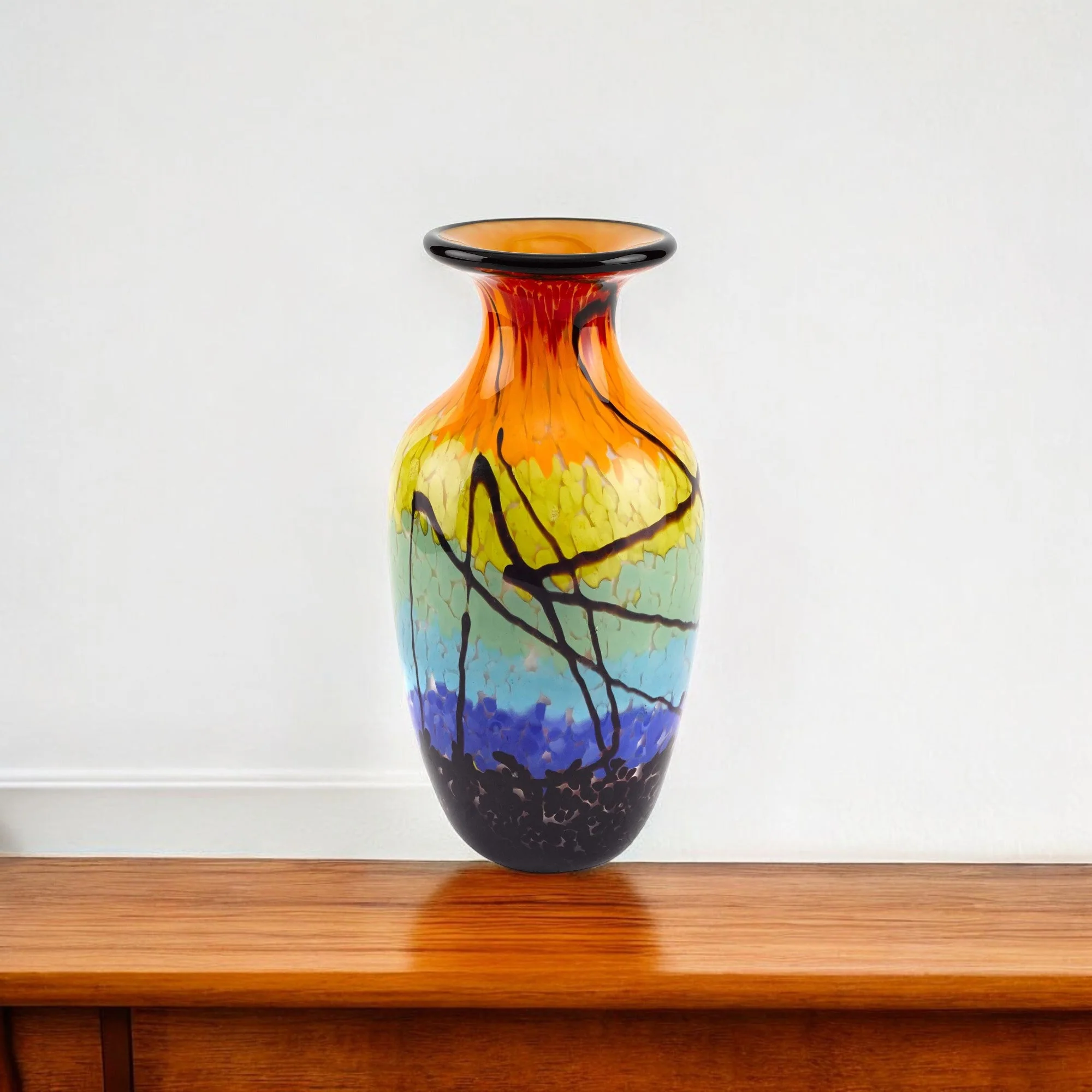 Black Blue Red And Yellow Abstract Urn Handblown Glass Table Vase By Homeroots
