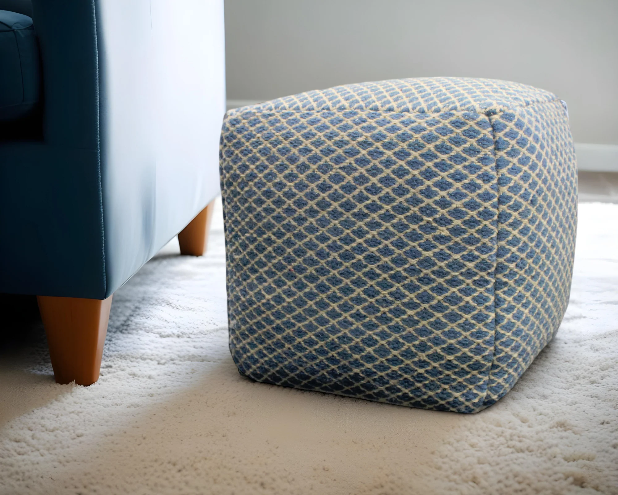Blue and Beige Wool Cube Trellis Pouf Ottoman By Homeroots