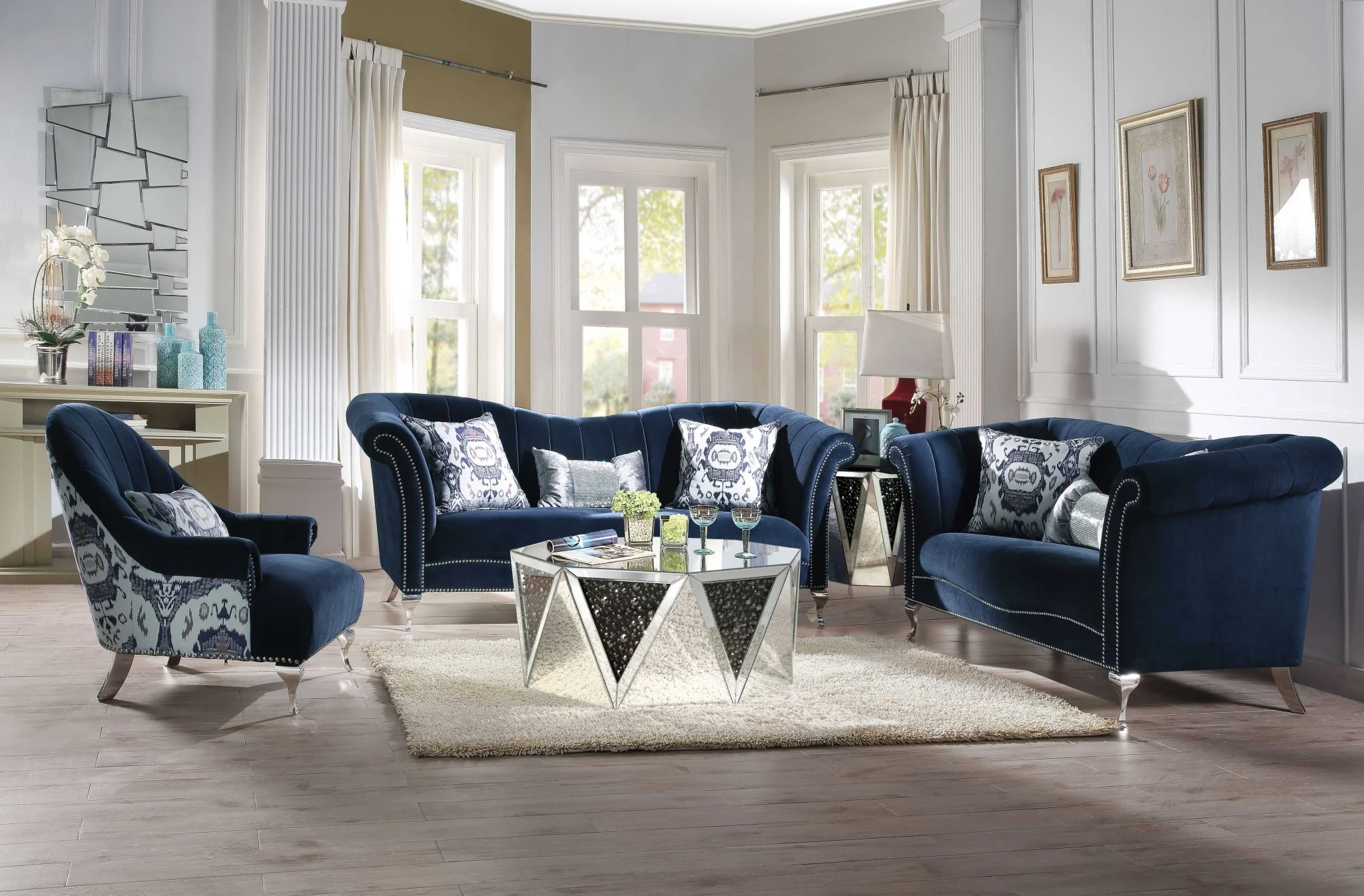 Blue Velvet Upholstery Acrylic Leg Sofa w Pillows By Homeroots - Image 2