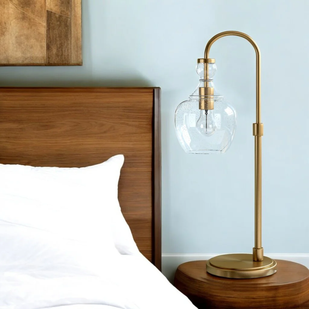 Brass Metal Arched Table Lamp With Clear Seeded Glass Dome Shade By Homeroots