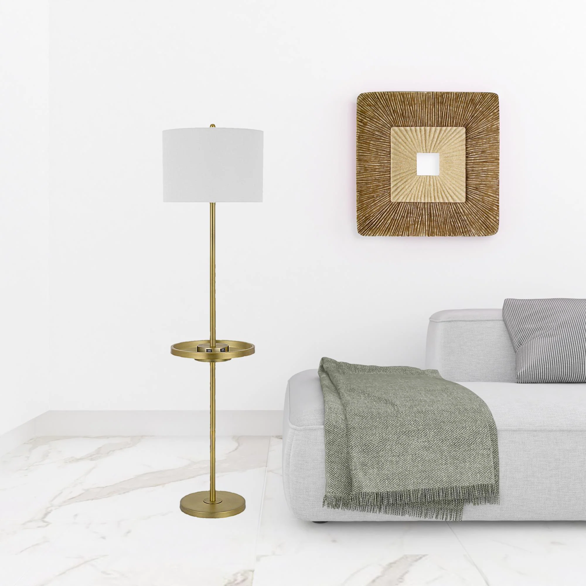 Brass Tray Table Floor Lamp With White Square Shade By Homeroots - Image 2