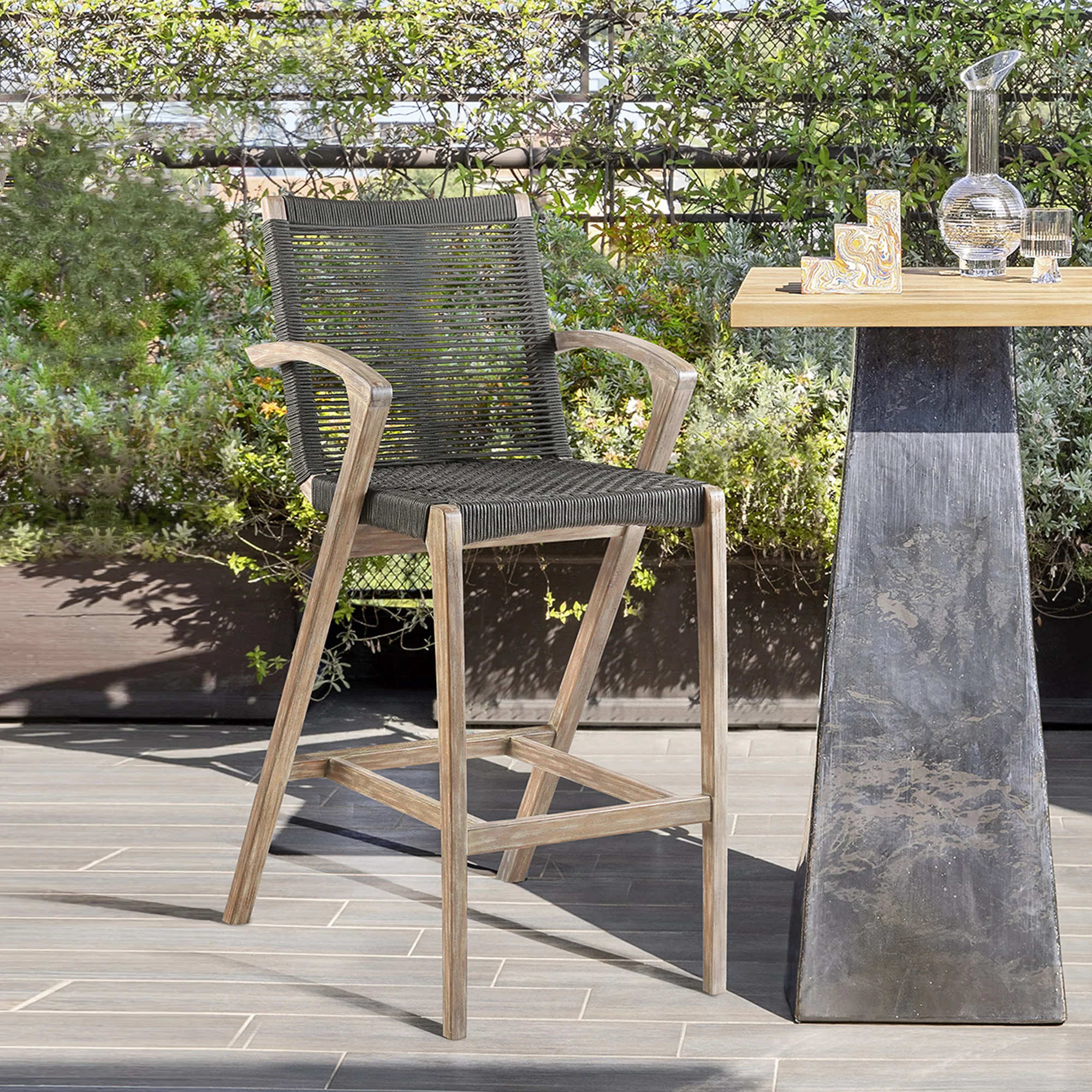 Brielle Outdoor Light Eucalyptus Wood and Charcoal Rope Bar Height Stool By Armen Living