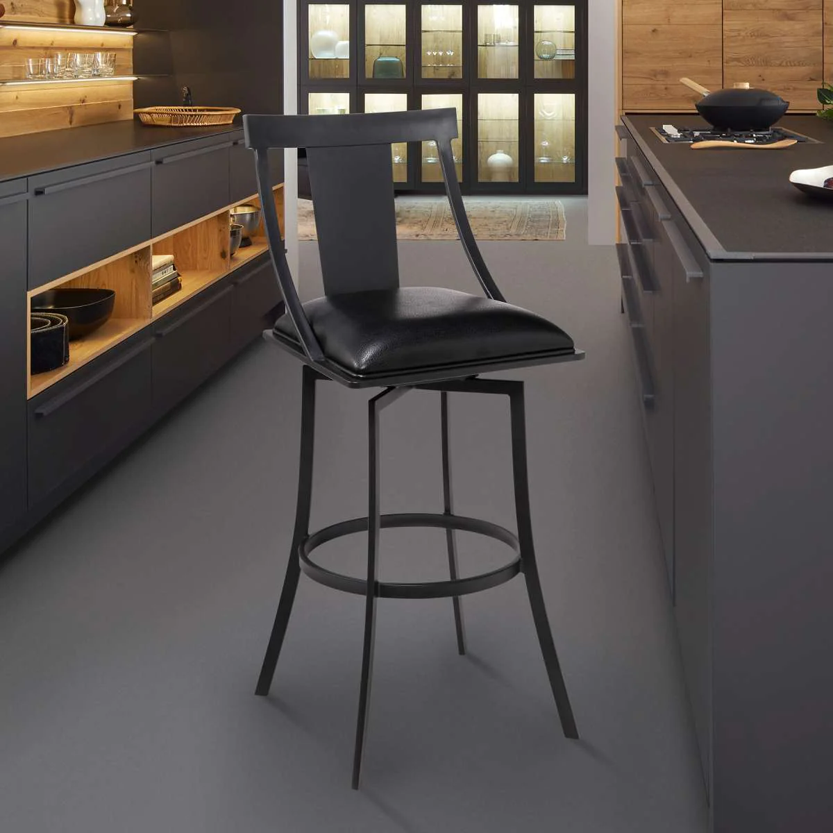 Brisbane Contemporary 26" Counter Height Barstool in Matte Black Finish and Black Faux Leather By Armen Living