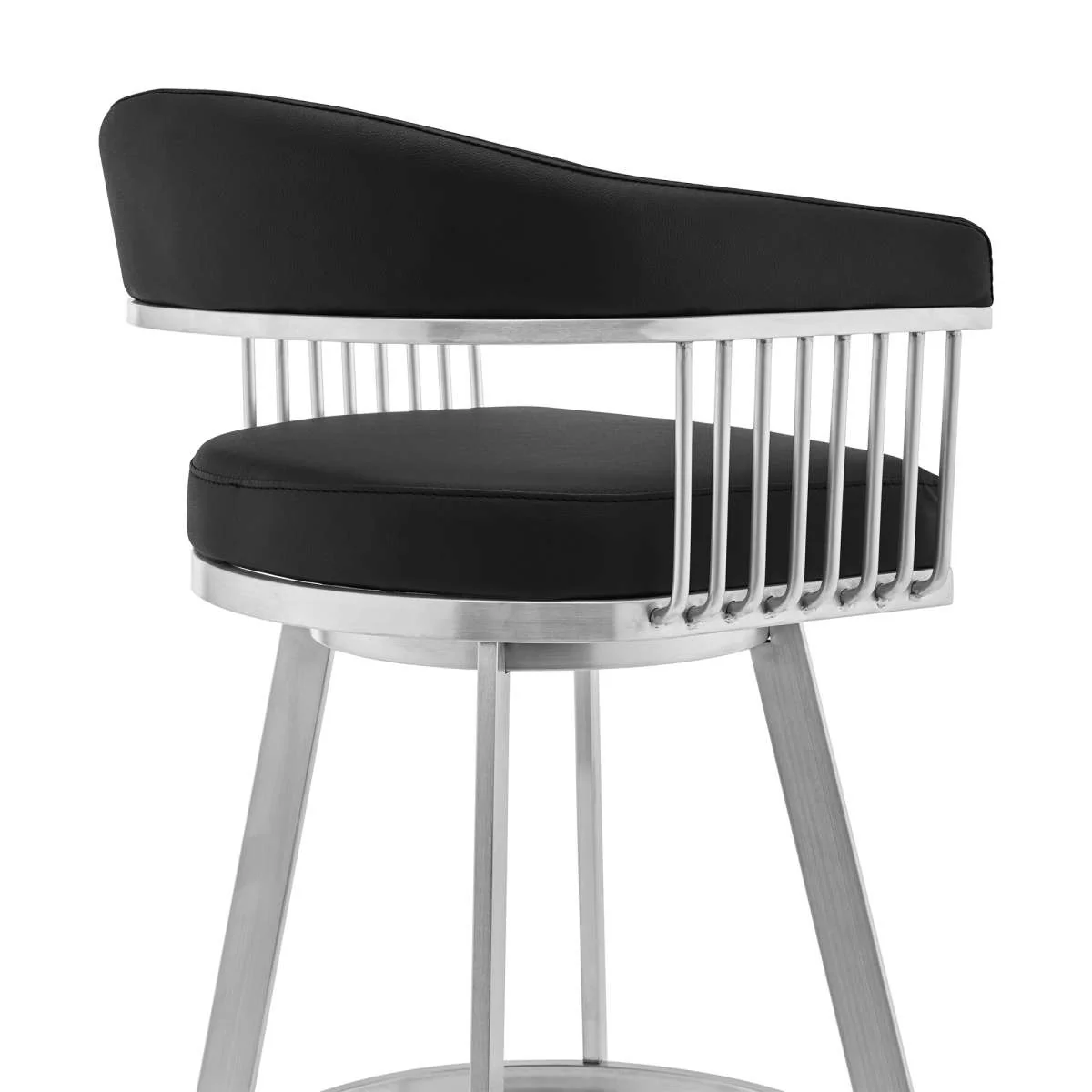 Bronson 30" Black Faux Leather and Brushed Stainless Steel Swivel Bar Stool By Armen Living - Image 7