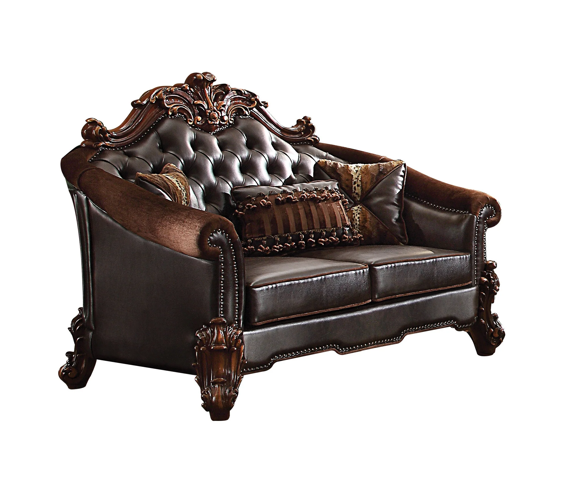 Brown And Dark Brown Chenille And Faux Leather Loveseat and Toss Pillows By Homeroots - Image 4