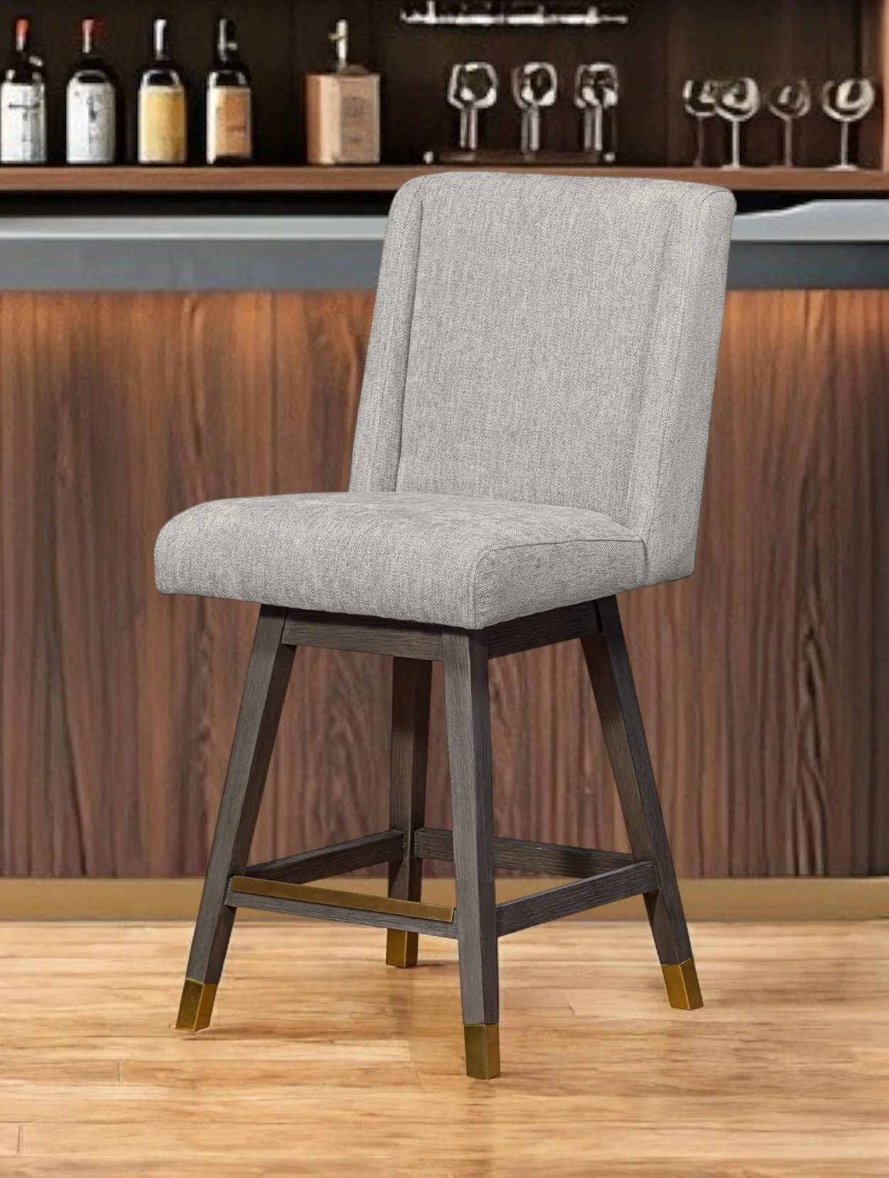 Brown and Gray Fabric and Solid Wood Counter Height Swivel Bar Chair By Homeroots