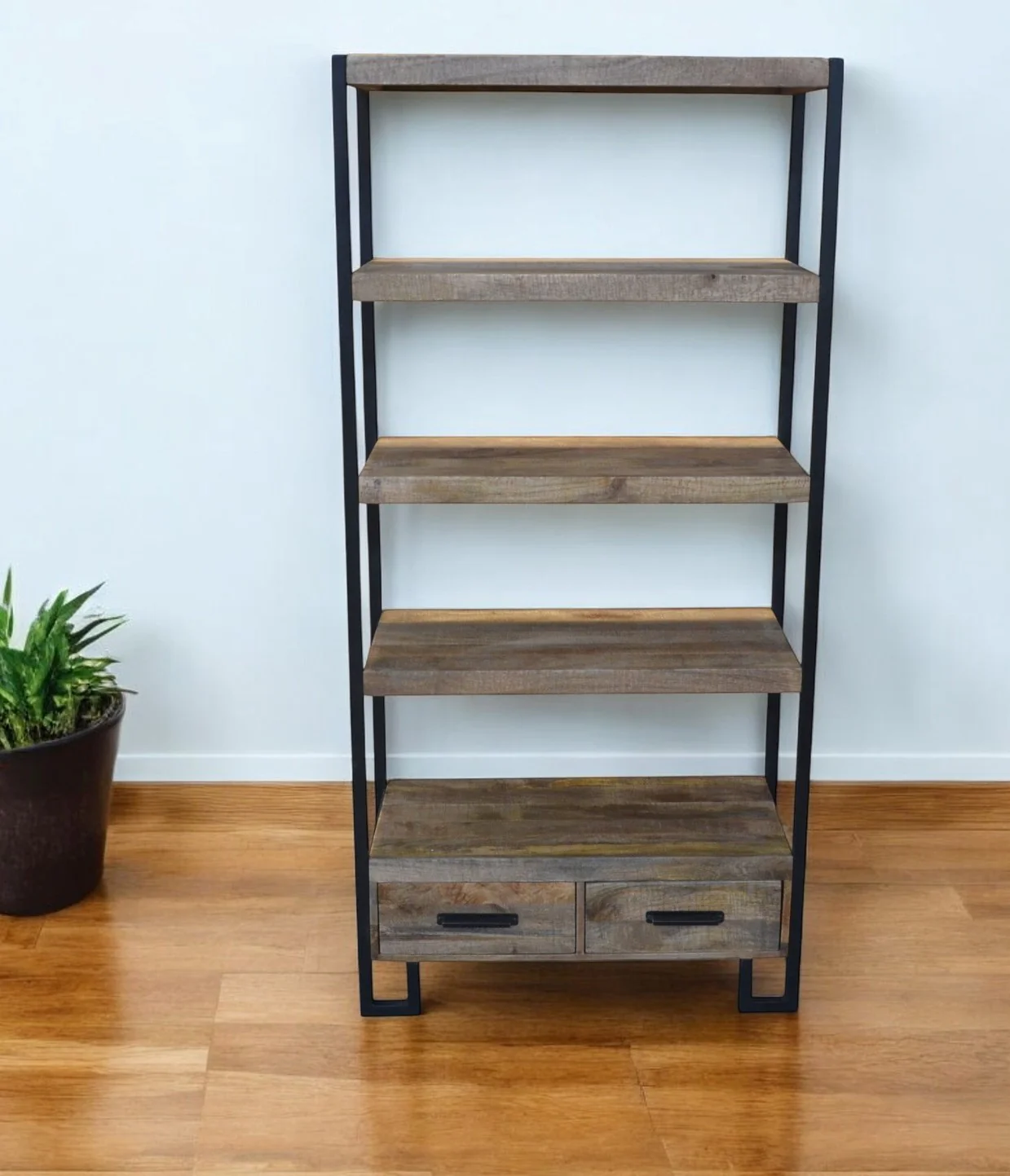 Brown Distressed Solid Wood Four Tier Etagere Bookcase with Two Drawers By Homeroots