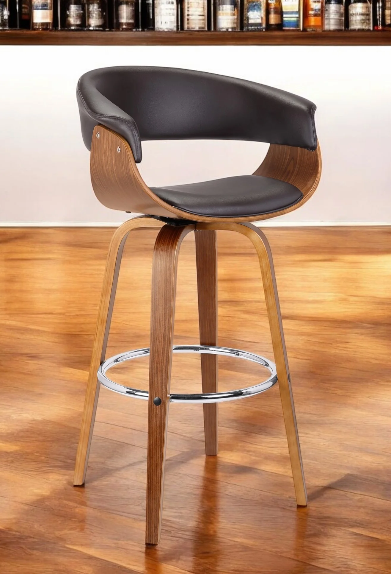 Brown Faux Leather And Solid Wood Swivel Low Back Bar Height Bar Chair By Homeroots