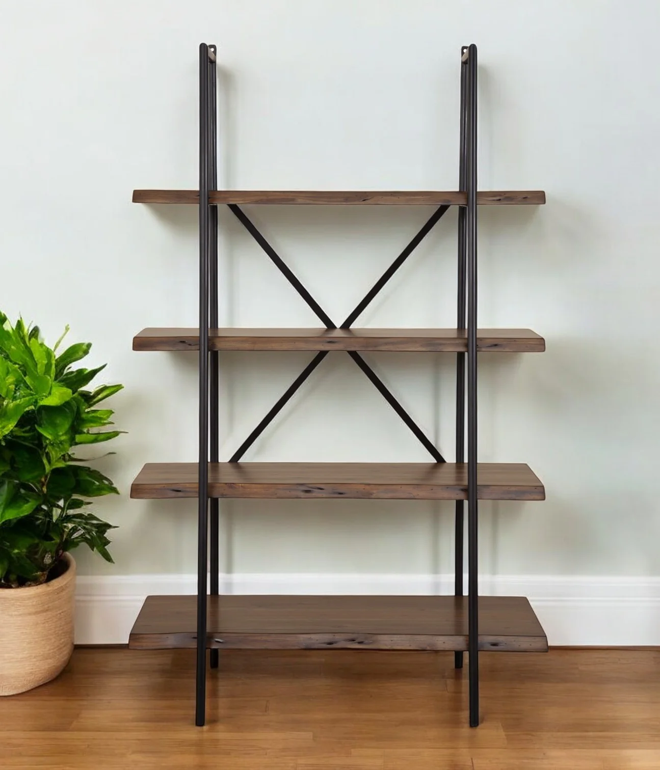 Brown Metal and Solid Wood Four Tier Step Bookcase By Homeroots