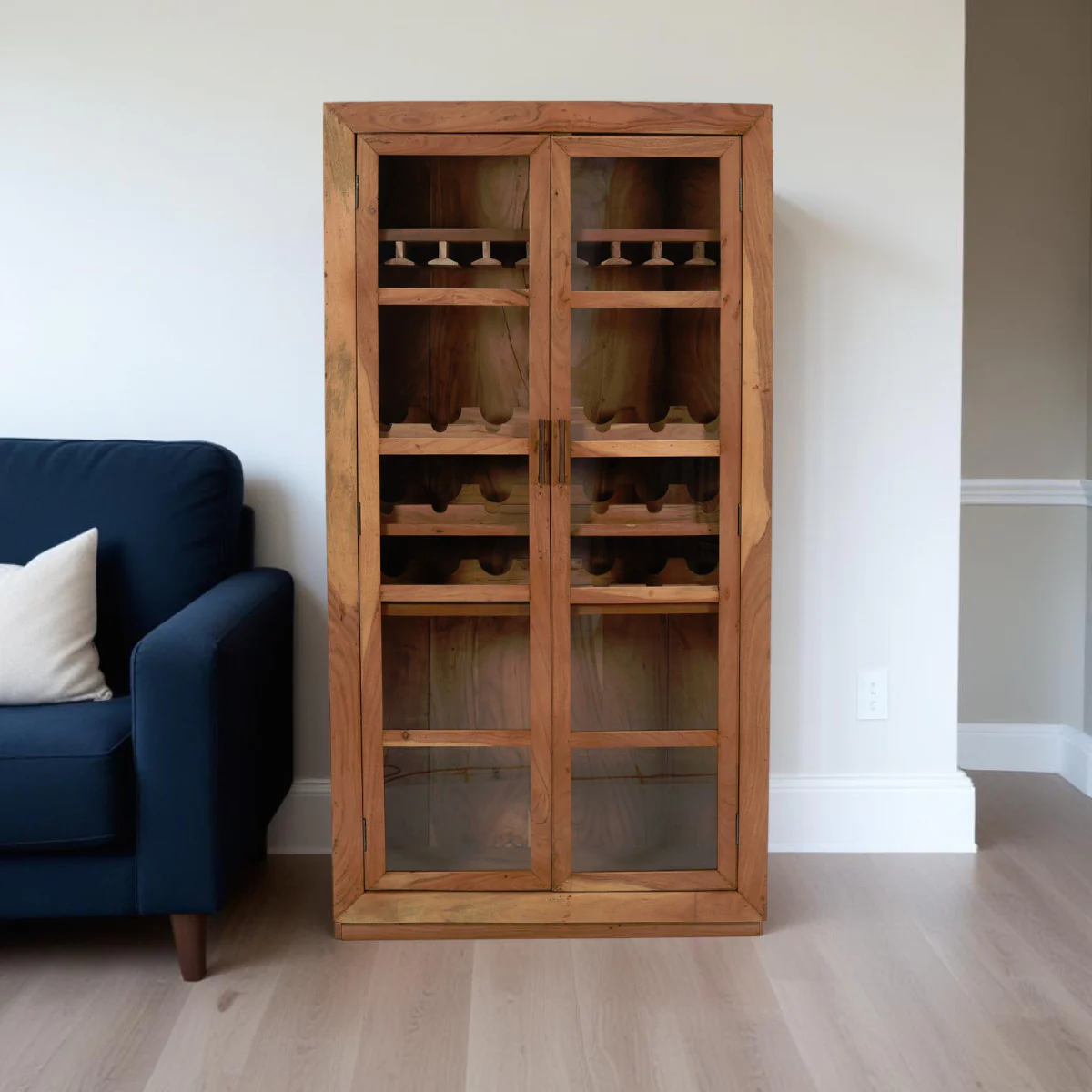 Brown Solid Wood And Glass Bar Cabinet With Four Shelves By Homeroots