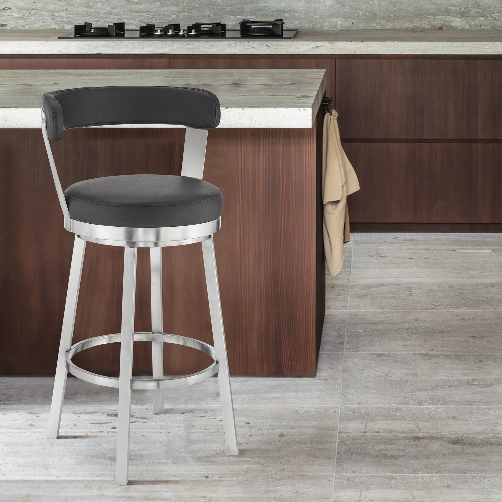 Bryant 26" Counter Height Swivel Bar Stool in Brushed Stainless Steel Finish and Black Faux Leather By Armen Living