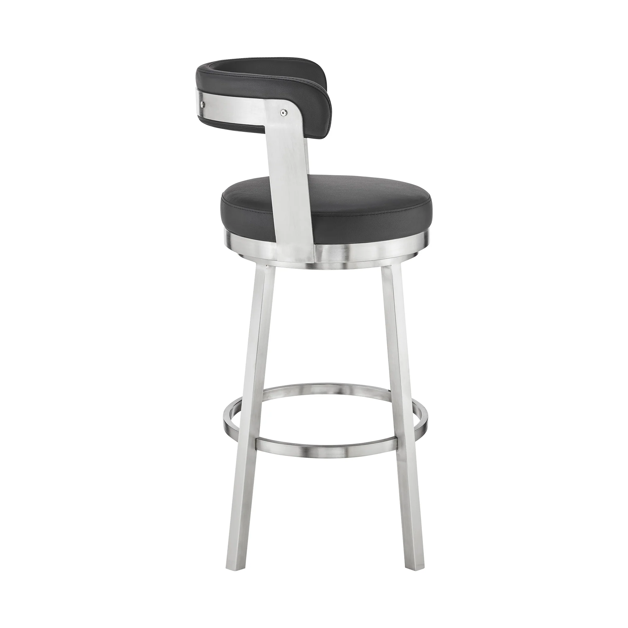 Bryant 26" Counter Height Swivel Bar Stool in Brushed Stainless Steel Finish and Black Faux Leather By Armen Living - Image 4