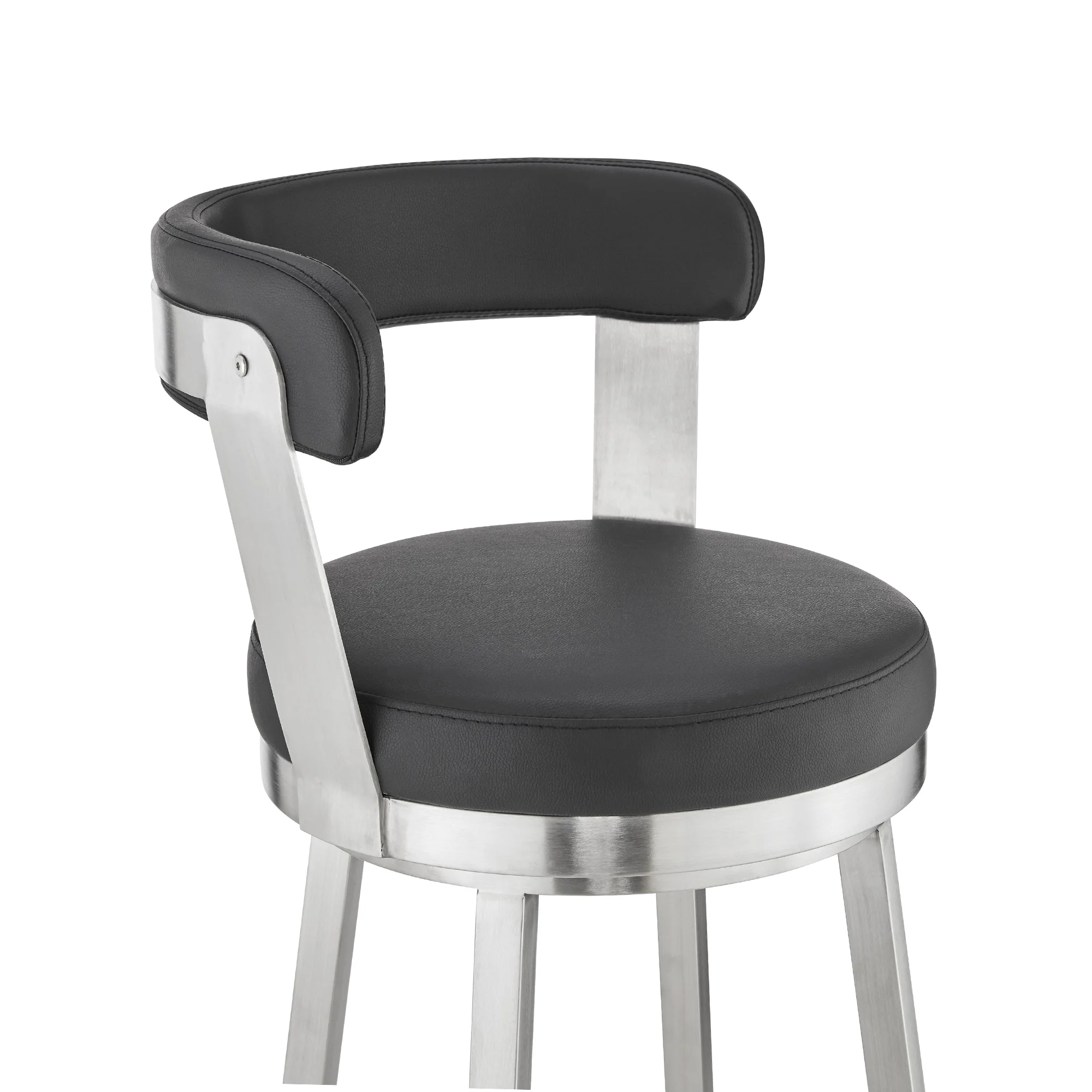 Bryant 26" Counter Height Swivel Bar Stool in Brushed Stainless Steel Finish and Black Faux Leather By Armen Living - Image 7