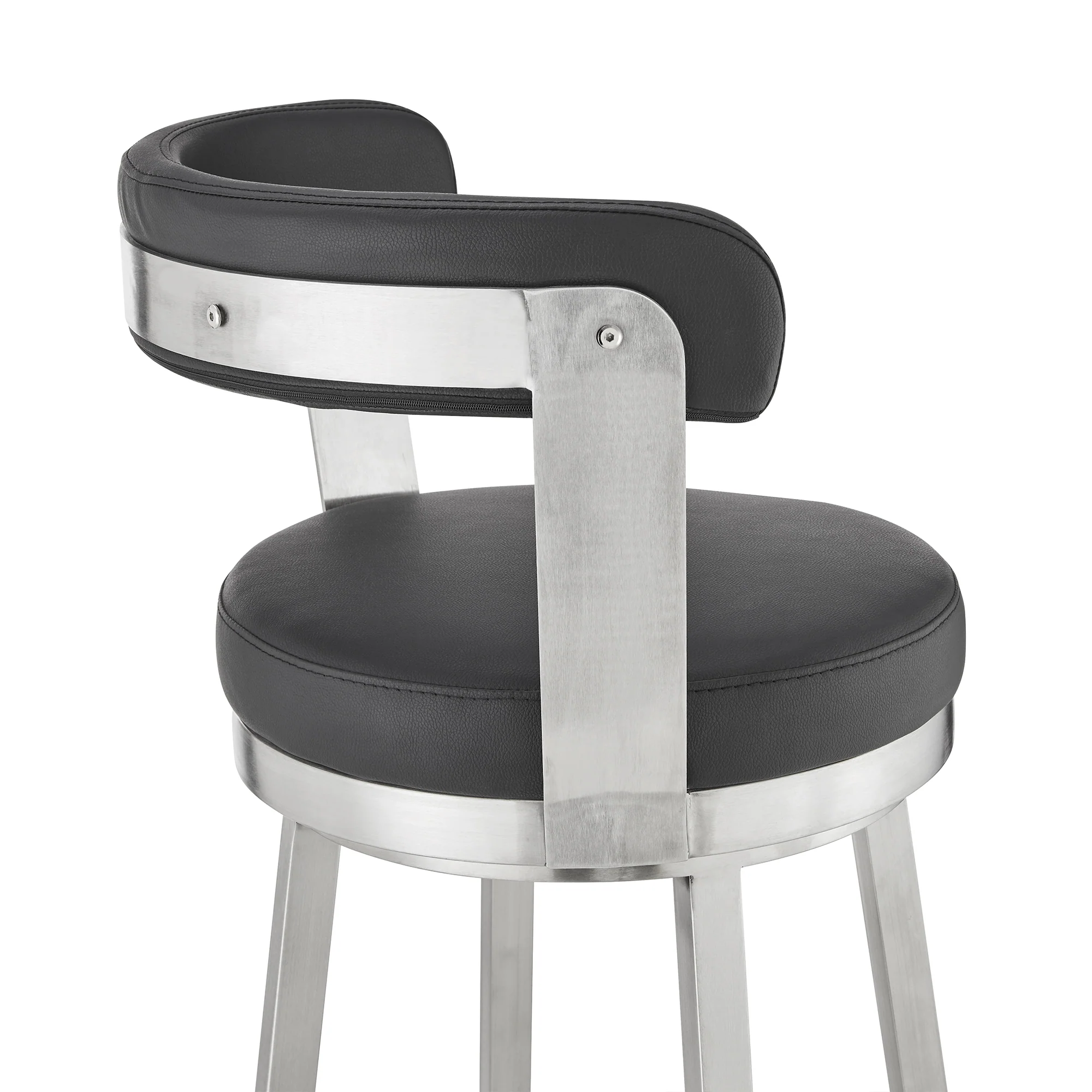 Bryant 26" Counter Height Swivel Bar Stool in Brushed Stainless Steel Finish and Black Faux Leather By Armen Living - Image 8