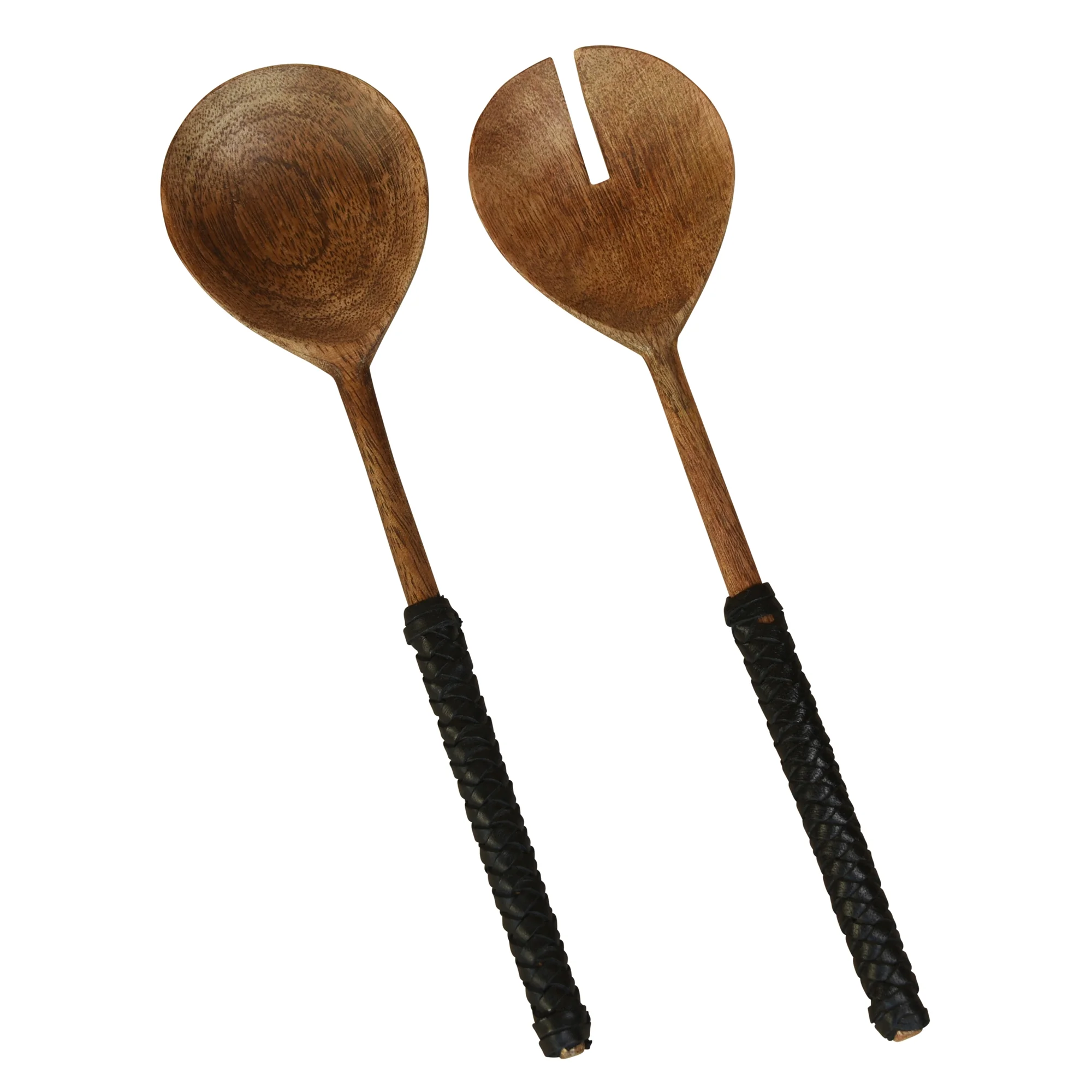 Burke Salad Servers, Wood & Black Leather Set Of 2 By HomArt