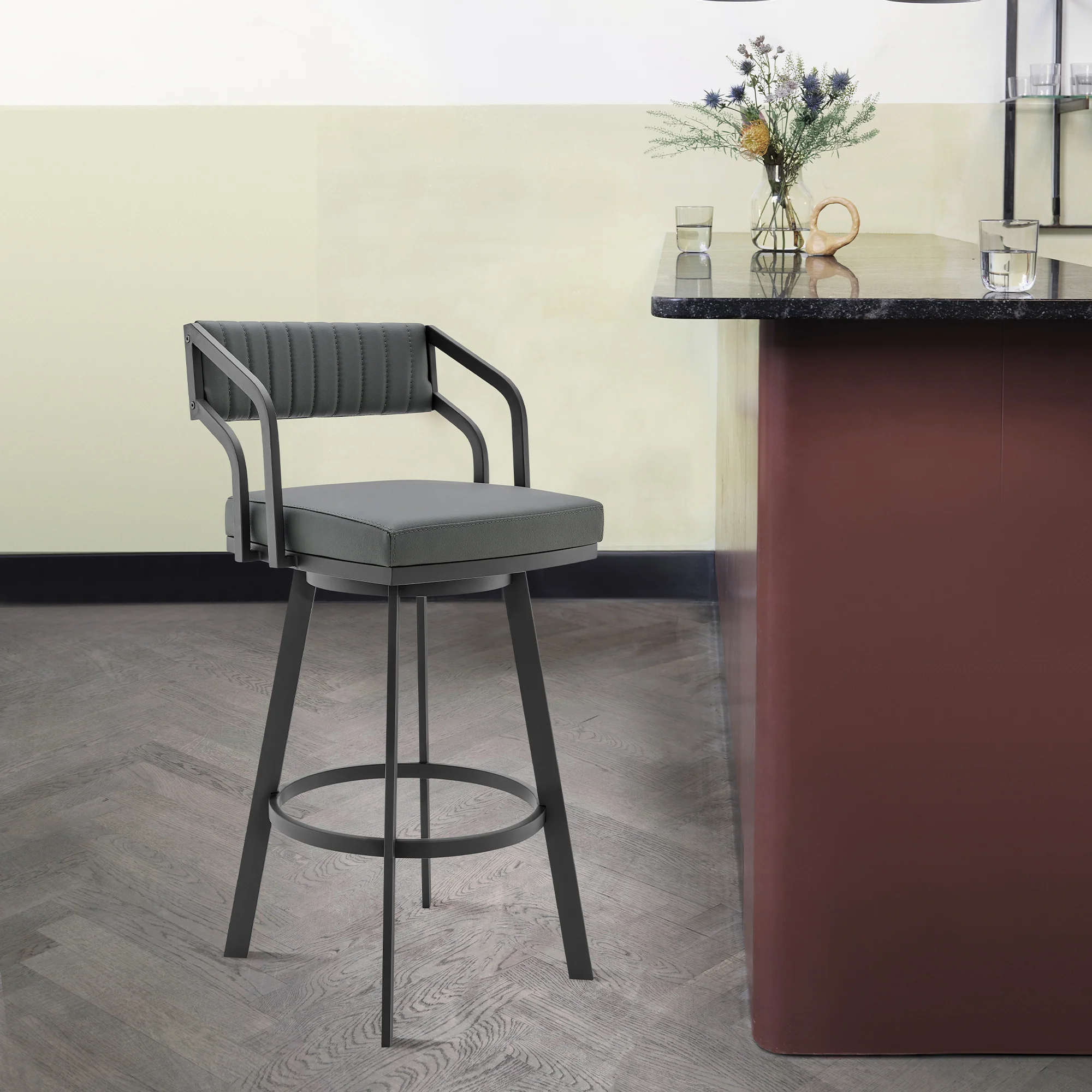 Capri Swivel Modern Black Metal and Slate Gray Faux Leather Bar and Counter Stool By Armen Living