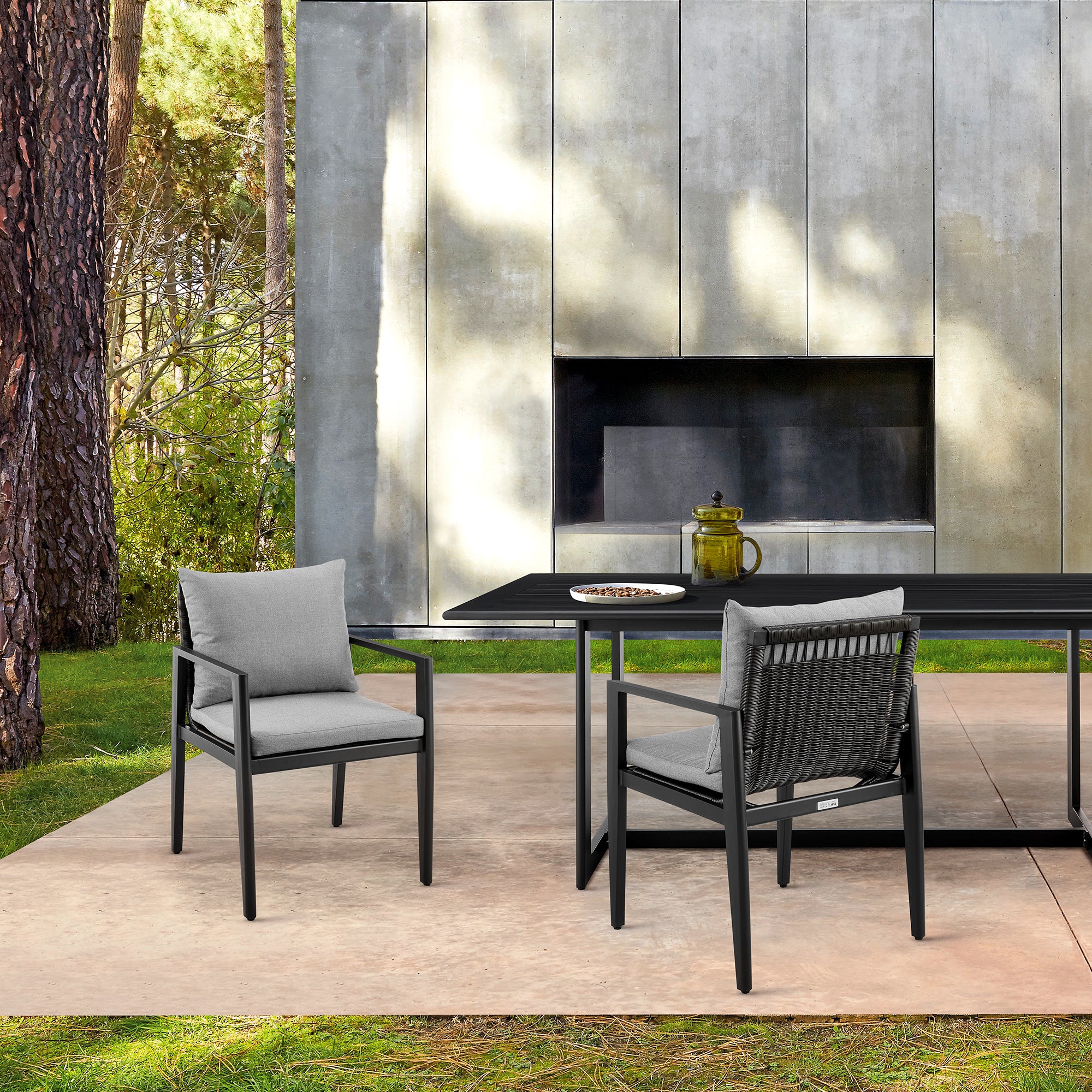 Cayman Outdoor Patio Dining Chairs with Arms in Aluminum with Gray Cushions - Set of 2 By Armen Living